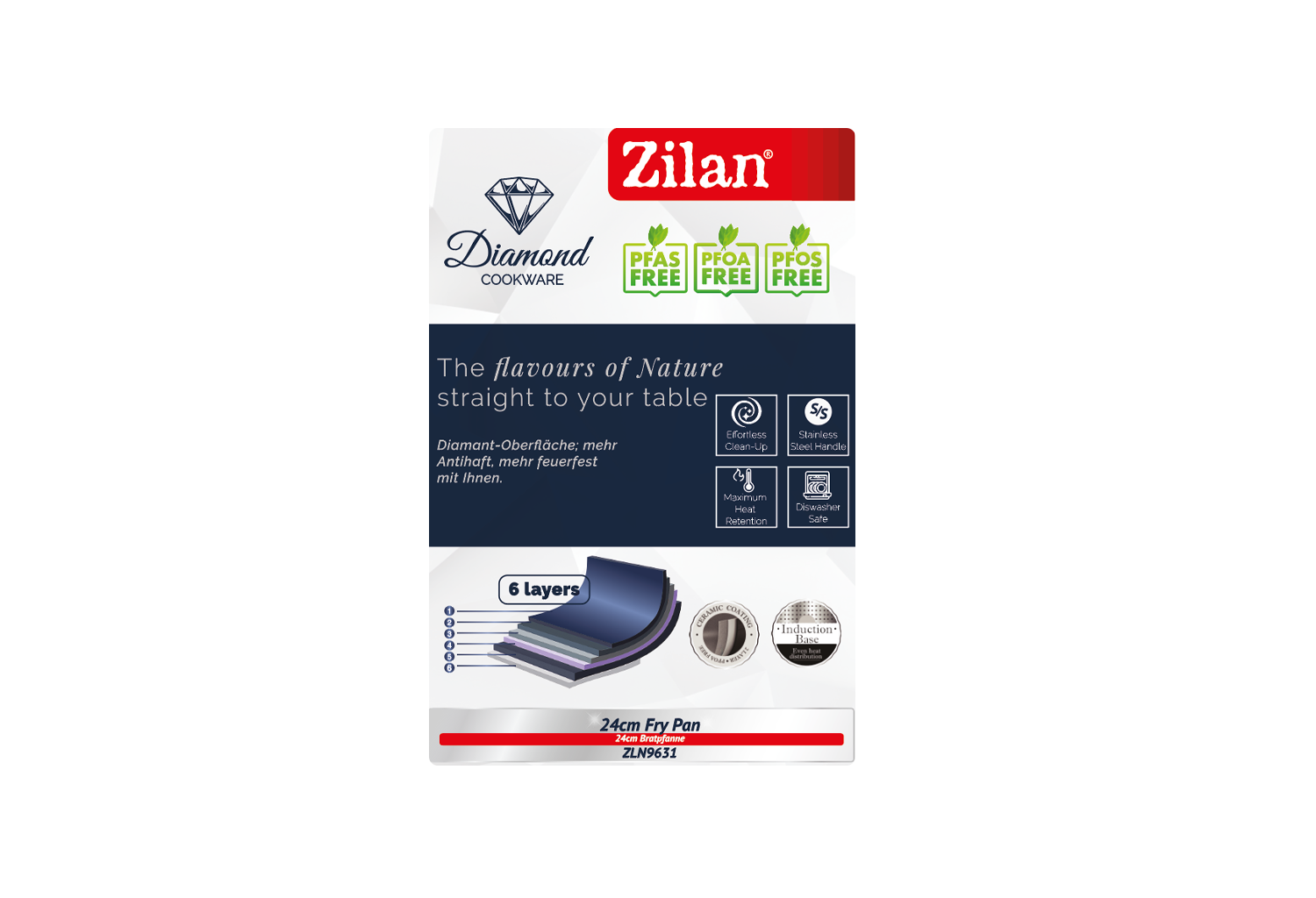 Tigaie Zilan ZLN9631 diamond, cu baza de inductie, ceramica si inox, usor de spalat, 24 cm,1.5L