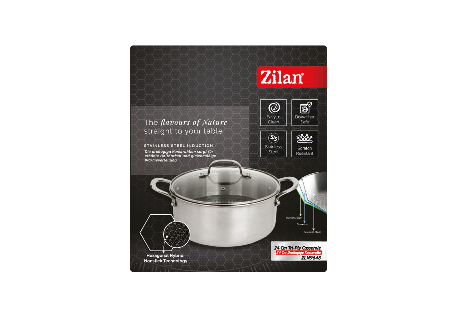 Oala Zilan ZLN9648 cu capac, tri-ply, inox, antiaderent, protectie la zgarieturi, usor de spalat, 24 cm,4.3L