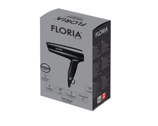 Uscator de par Floria ZLN9402, 1600W, 2 trepte de viteza, 3 trepte de temperatura, protectie la supraincalzire, Negru