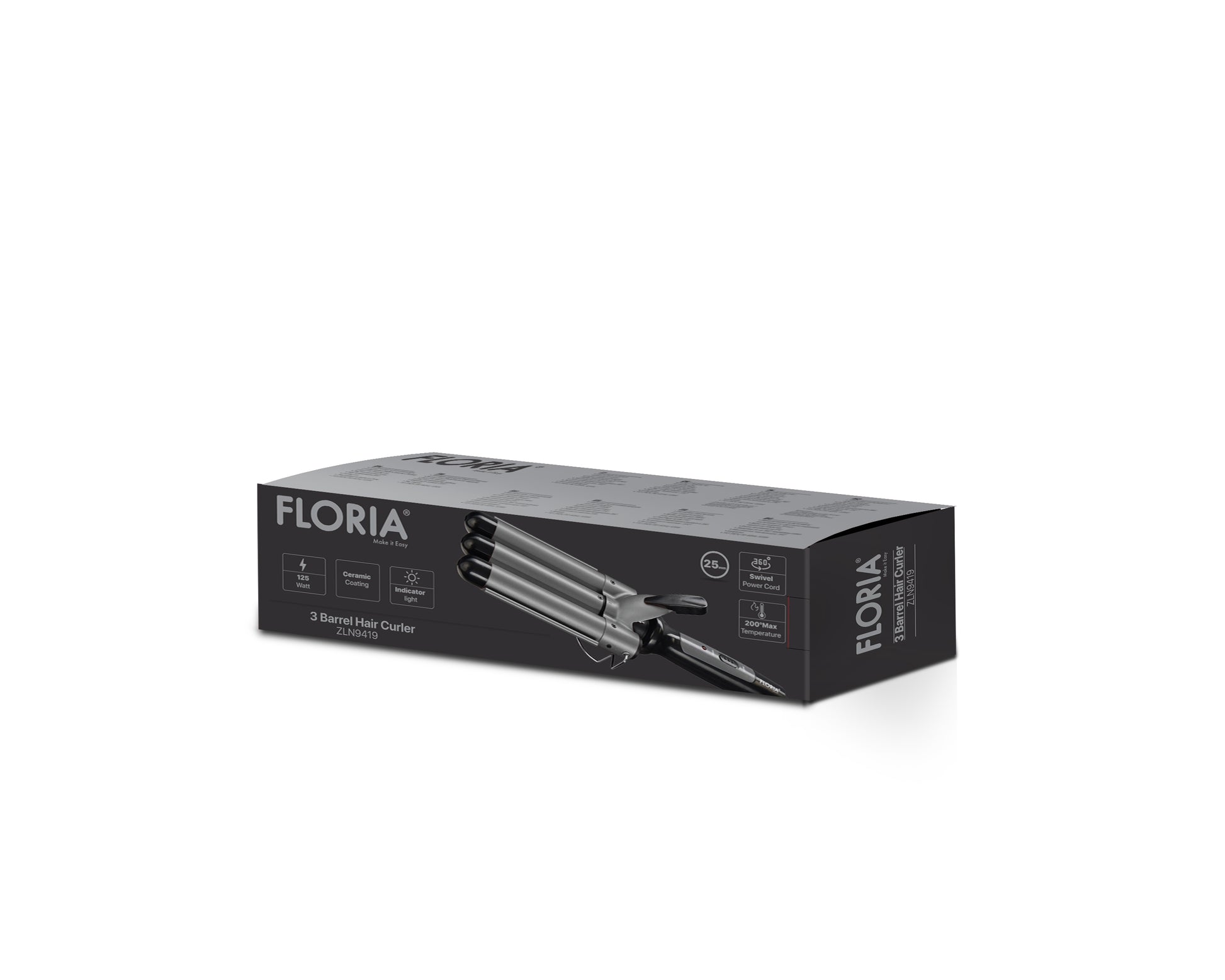 Ondulator de par Floria ZLN9419 cu 3 elementi, temperatura maxima de 200 grade, 98W, Negru