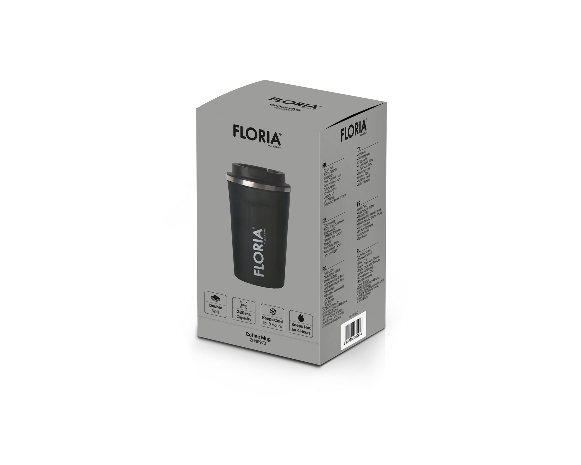 Cana de cafea Floria ZLN9970 tip termos, capacitate 380ml, interior din inox, pereti dublii, gri