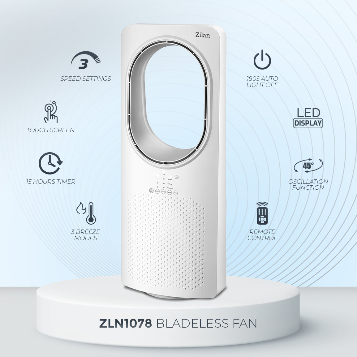 Ventilator fara palete Zilan ZLN1078, 50W, Timer, 3 trepte de viteza, 3 moduri presetate