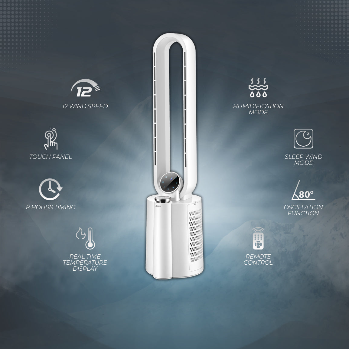 Ventilator turn Zilan ZLN1117 fara palete, Functie umidificare, Timer, Oscilatie, 3 trepte de viteza, 3 moduri presetate, 40 W