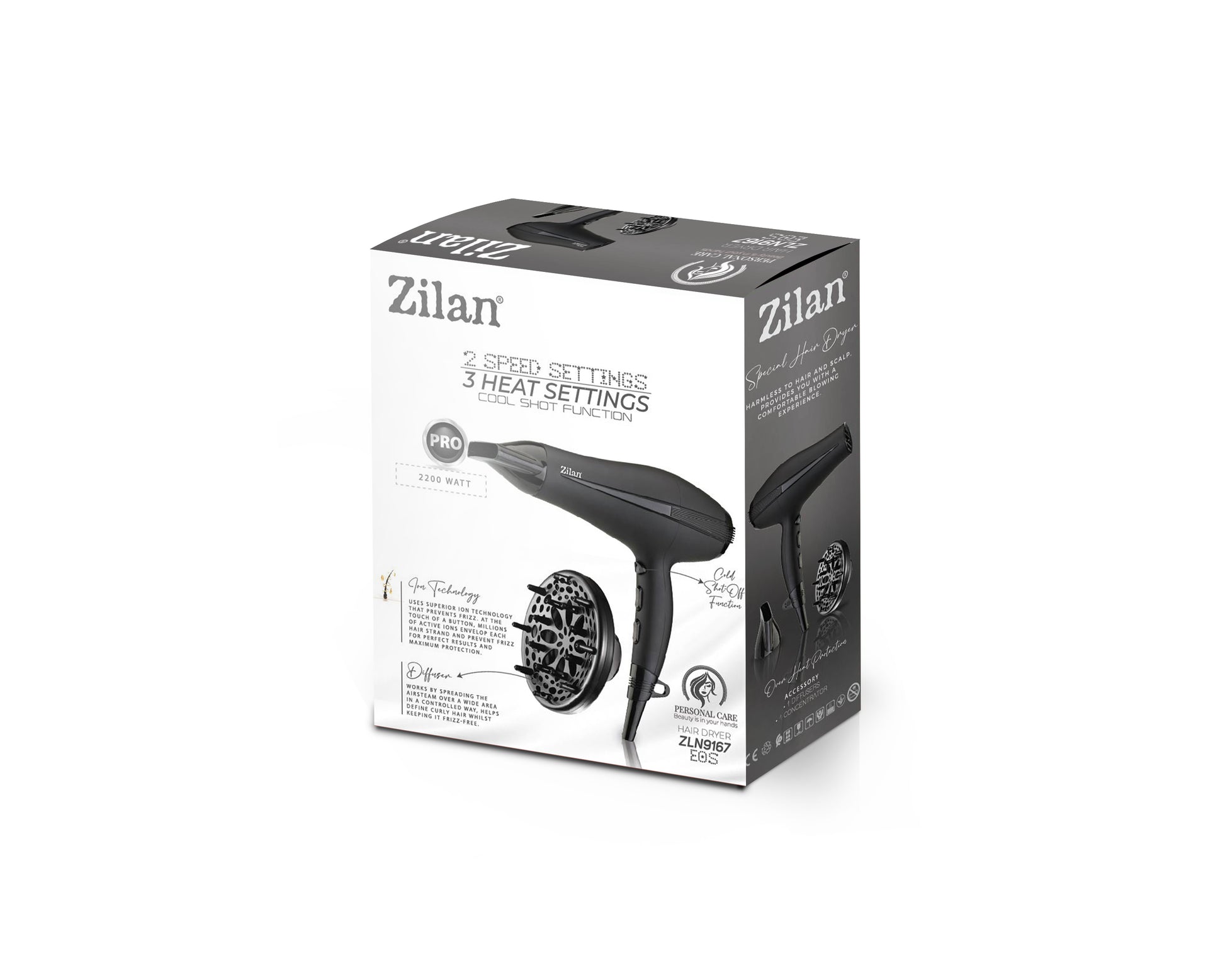 Uscator de par Zilan ZLN9167, 3 trepte de temperatura, 2 trepte de viteza, functie ionica, 2200W
