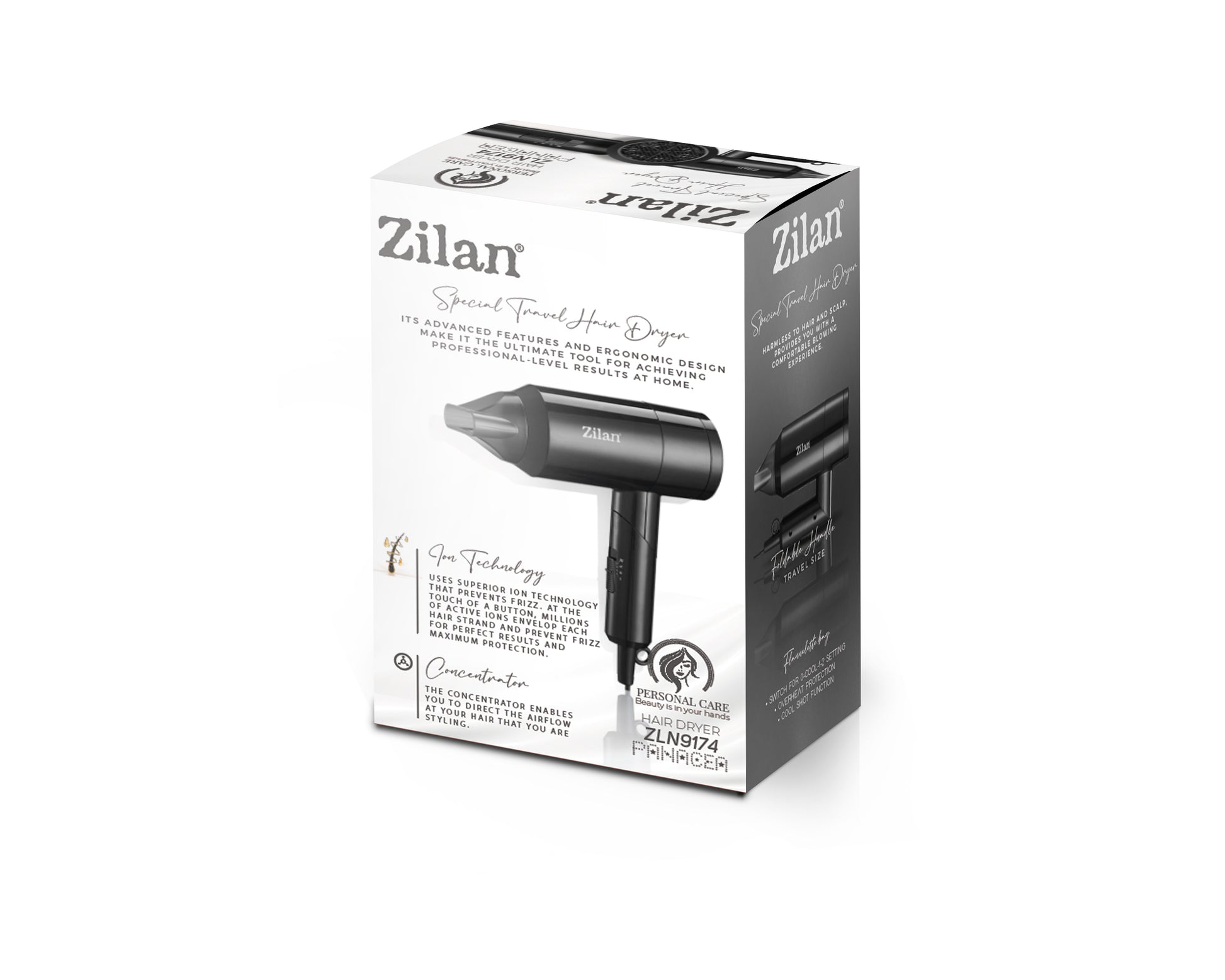 Uscator de par Zilan ZLN9174, Maner pliabil, 3 trepte de temperatura, 1800W, 2 trepte de viteza, Functie ionica,