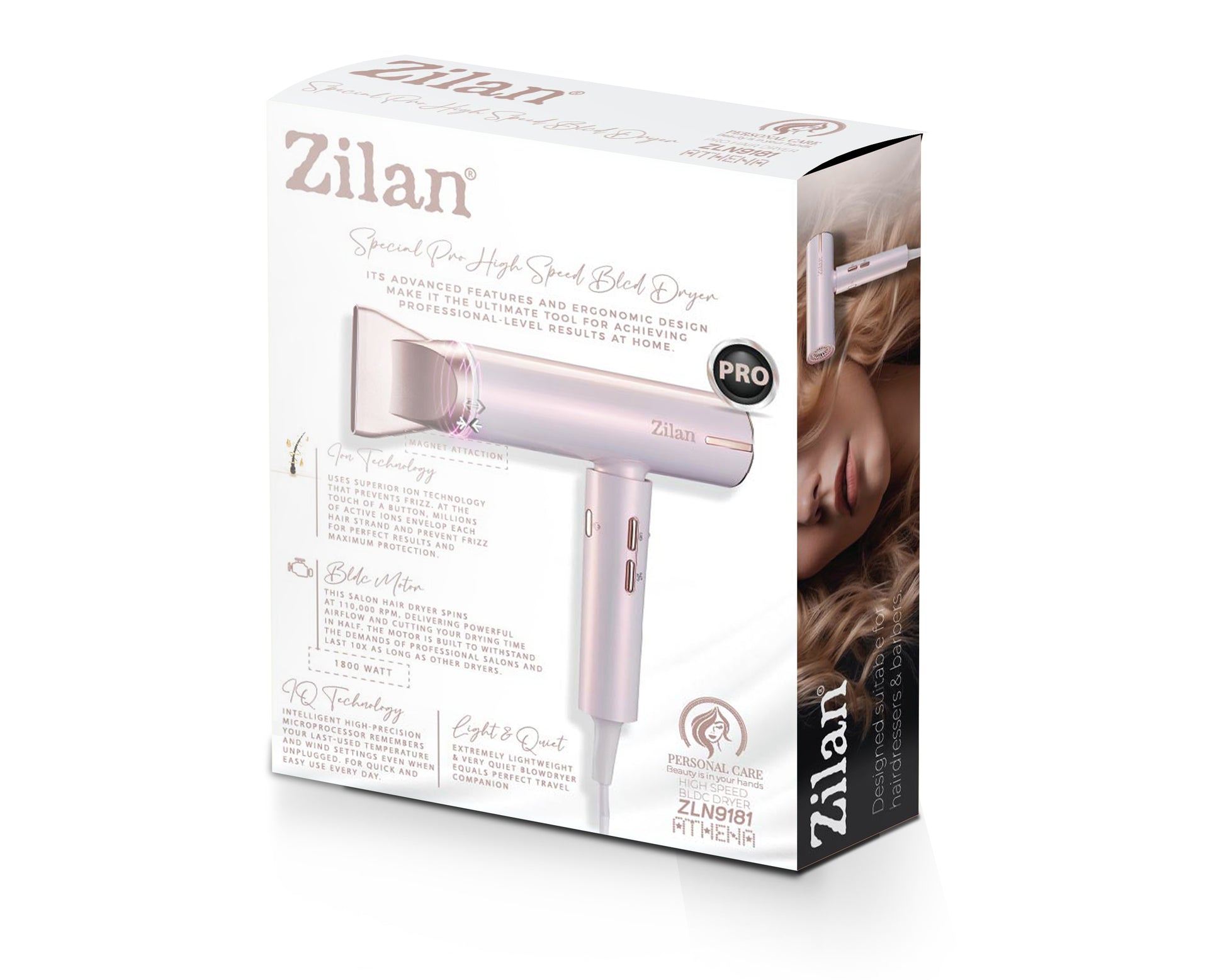 Uscator de par Zilan ZLN9181, tehnologie IQ, 3 trepte de viteza si temperatura, Functie ionica, 1800W