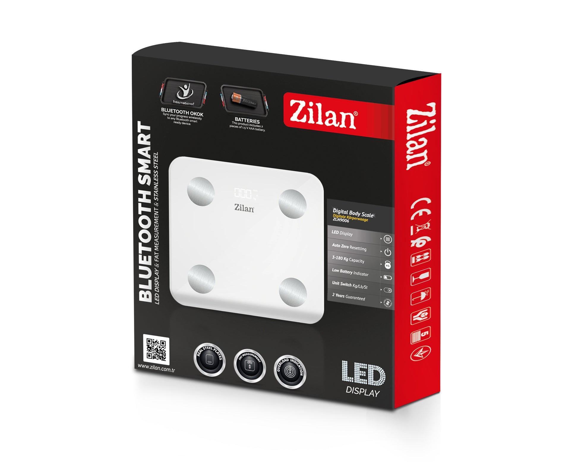 Cantar corporal Zilan ZLN9006 din sticla securizata, capacitate 3-180kg, Aplicatie OKOK, Display LED