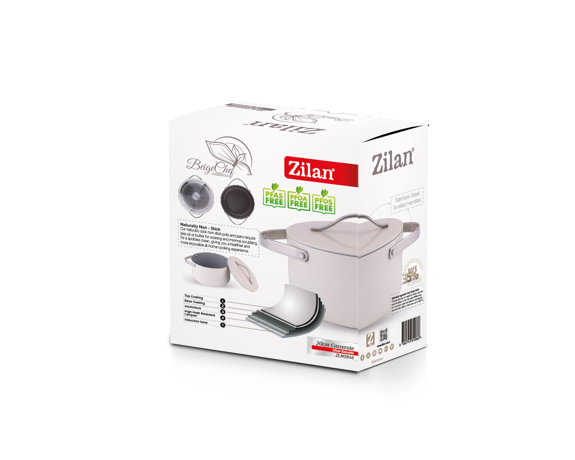 Oala Zilan ZLN0866 din 5 straturi de material, 20 cm diametru, capacitate 2.7l, Otel inoxidabil, Manere nituite