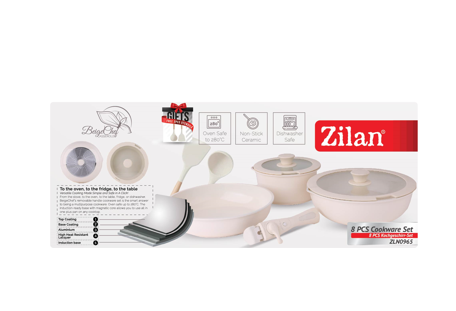 Set vase de gatit Zilan ZLN0965 din 8 piese, 5 straturi de material, compatibil cuptor