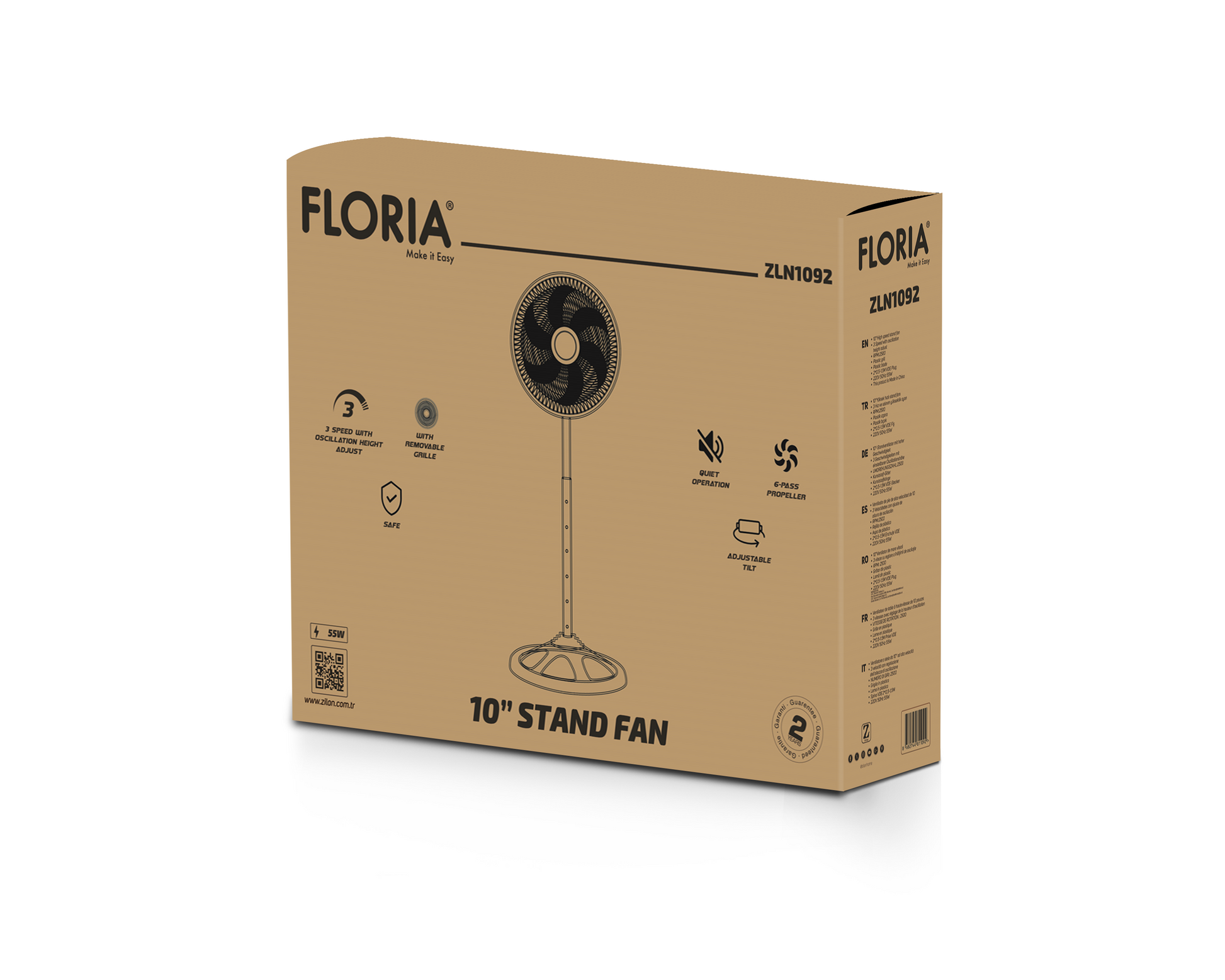 Ventilator cu picior Floria ZLN1092, Inaltime reglabila, Putere 55W, 3 trepte de viteza, Oscilatie, 2500RPM