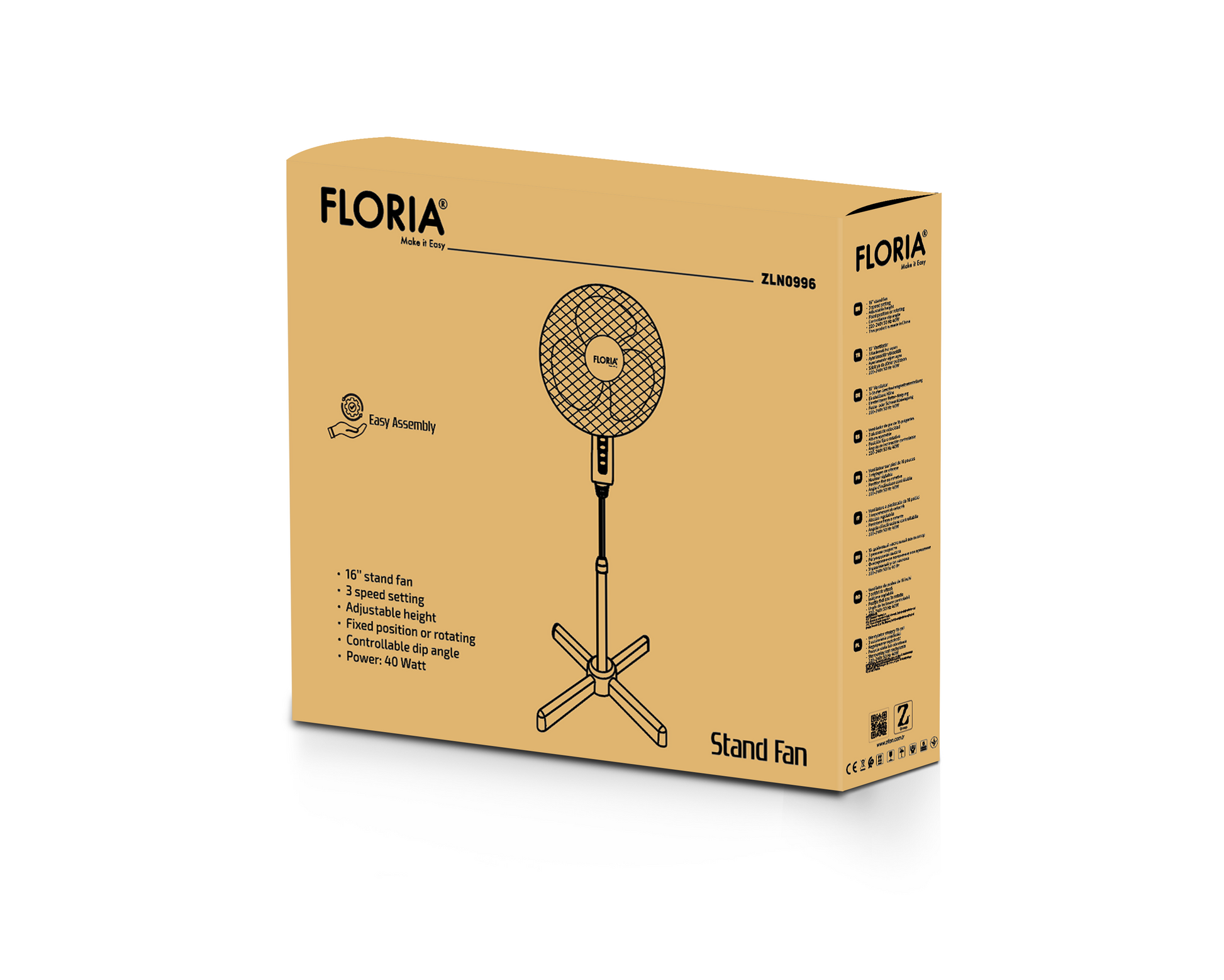 Ventilator cu picior Floria ZLN-0996, 3 trepte de viteza, inaltime reglabila, Rotire stanga-dreapta, Unghi inclinare reglabil, 40W