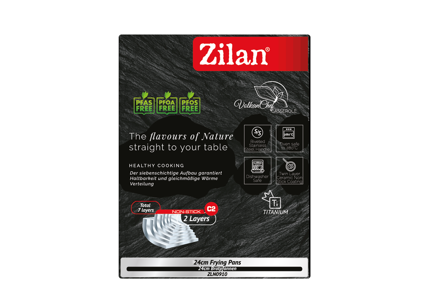 Tigaie Zilan ZLN0910, Diametru 24 cm, 7 straturi de material, Compatibil cuptor pana la 280°C, Compatibil masina de spalat vase