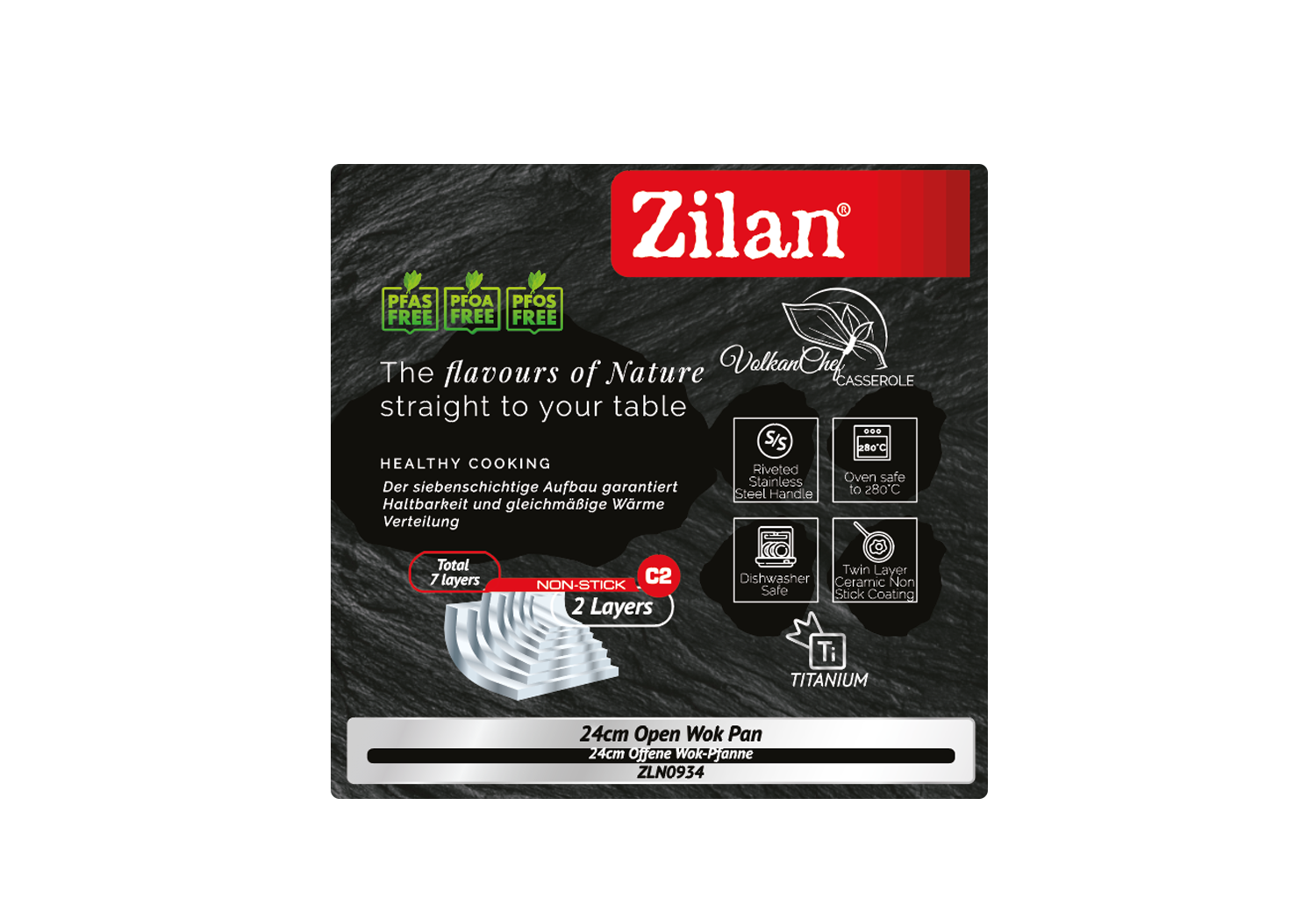 Tigaie Wok Zilan ZLN0934, Diametru 28 cm, 7 straturi de material, Maner nituit, Compatibil cuptor si masina de spalat vase
