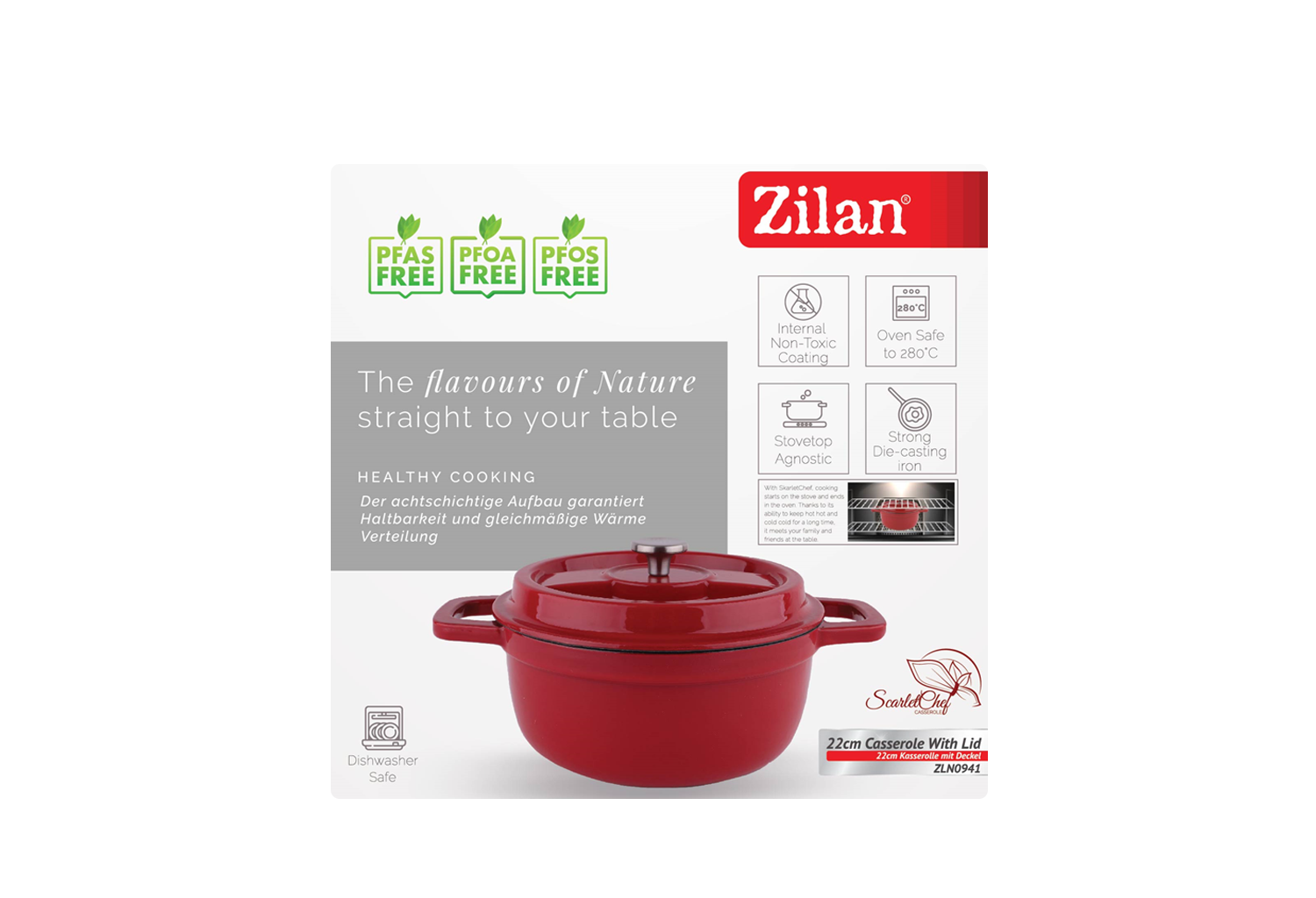 Oala Zilan ZLN0941, Din fier turnat sub presiune puternica, 2.6L, Diametru 22 cm, Inaltime 10 cm, Compatibila cuptor si masina de spalat vase