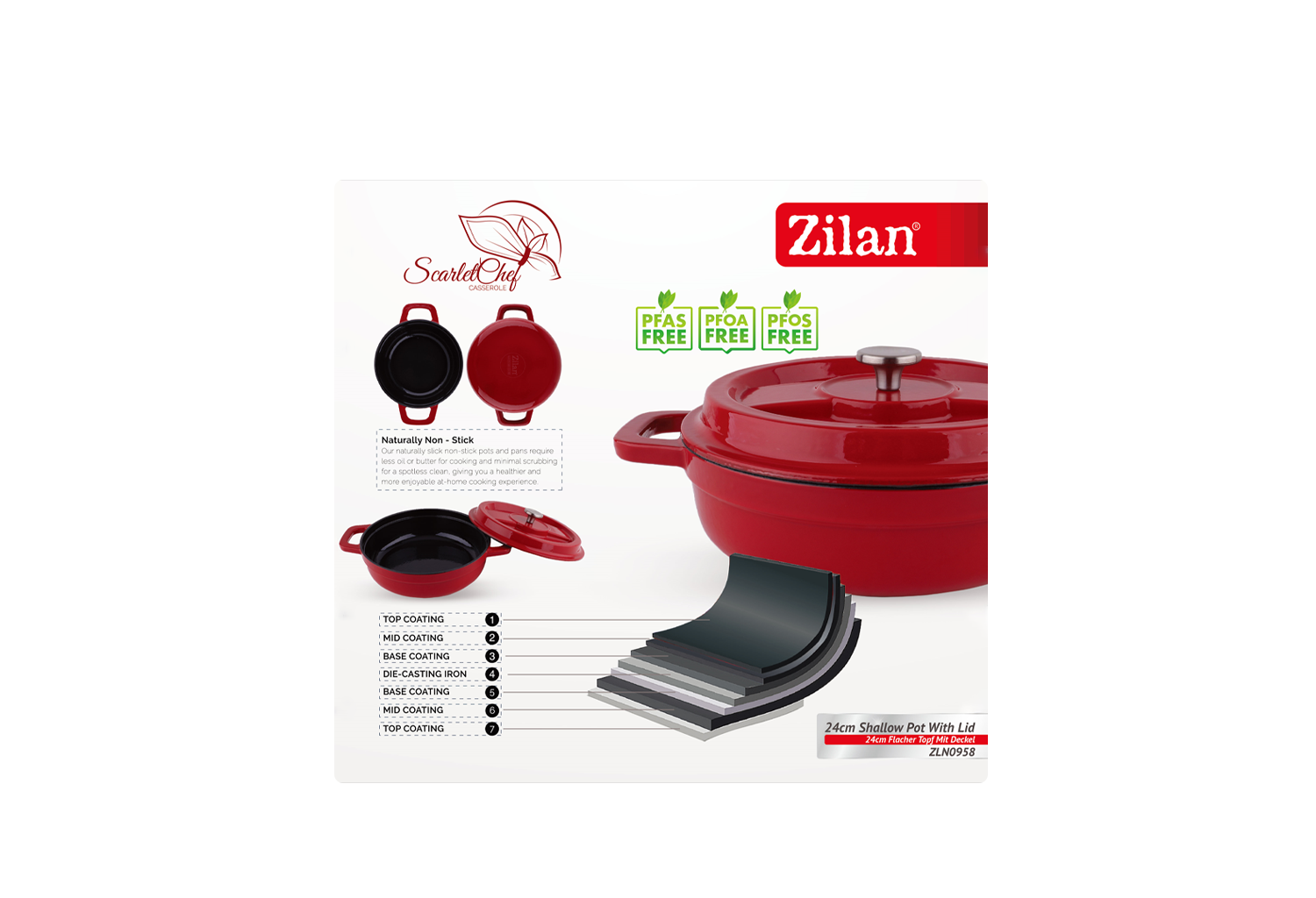Cratita Zilan ZLN0958, Din fier turnat sub presiune puternica, 2.1L, Diametru 24 cm, Inaltime 7 cm, Compatibila cuptor si masina de spalat vase, 7 straturi de material