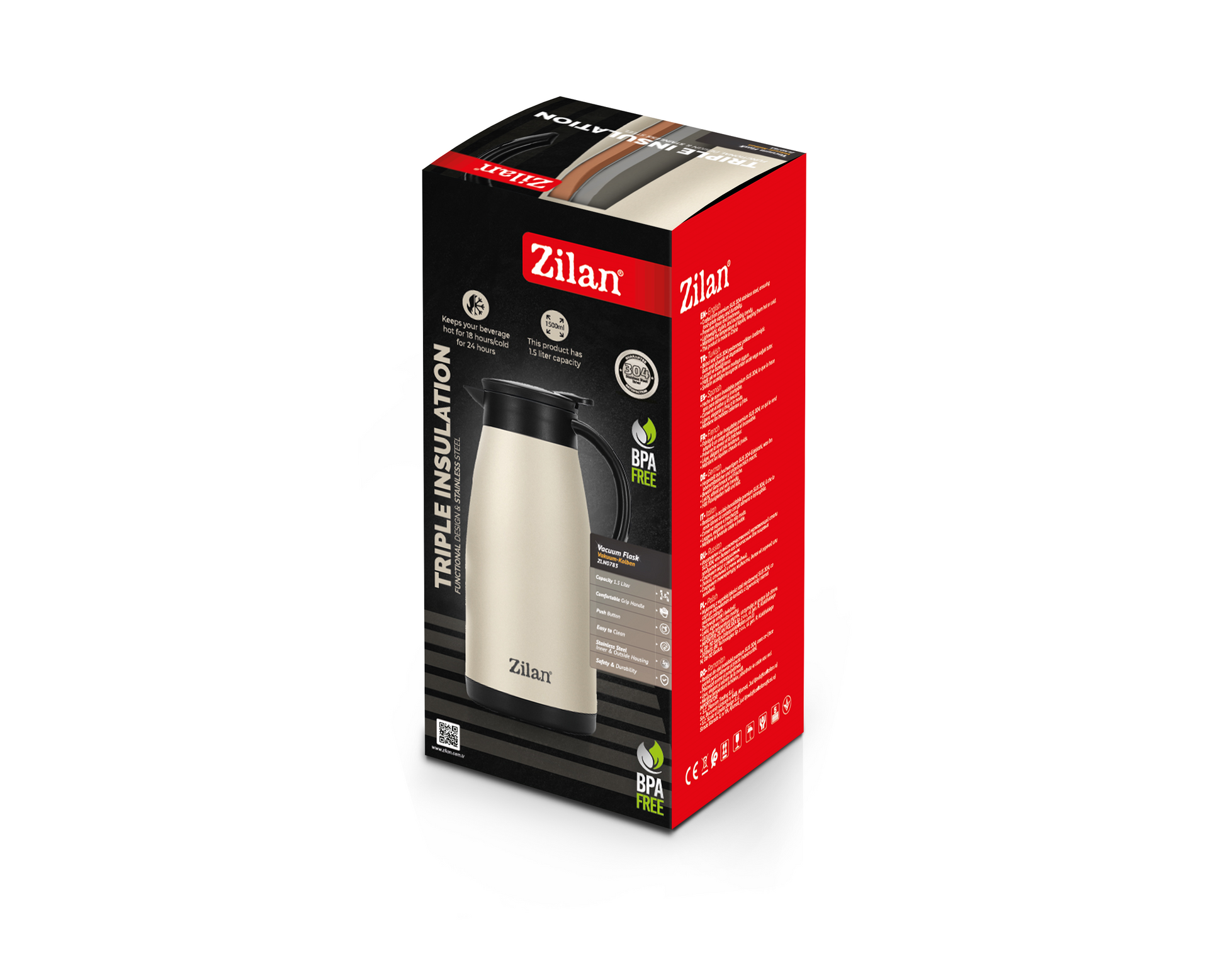 Termos Zilan ZLN0783 crem din inox, capacitate 1.5L, metine rece pana la 24 ore si cald pana la 18 ore