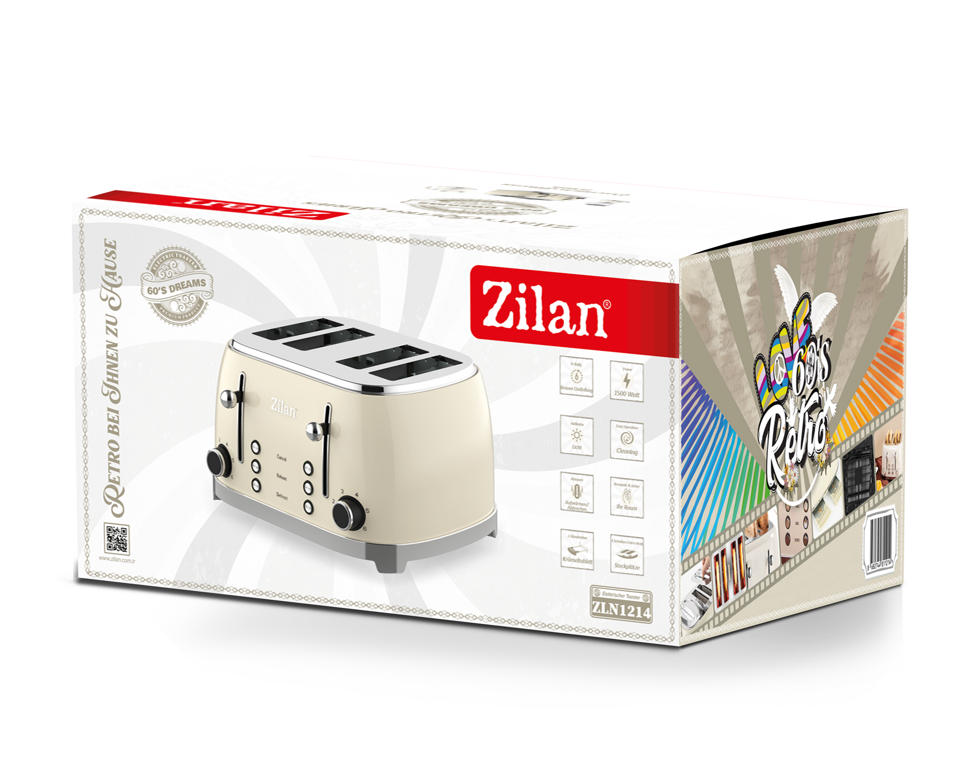 Prajitor de paine Retro Zilan ZLN1214, 4 felii de paine, 1500W, 6 trepte, dezghetare, reincalzire, picioruse antiderapante