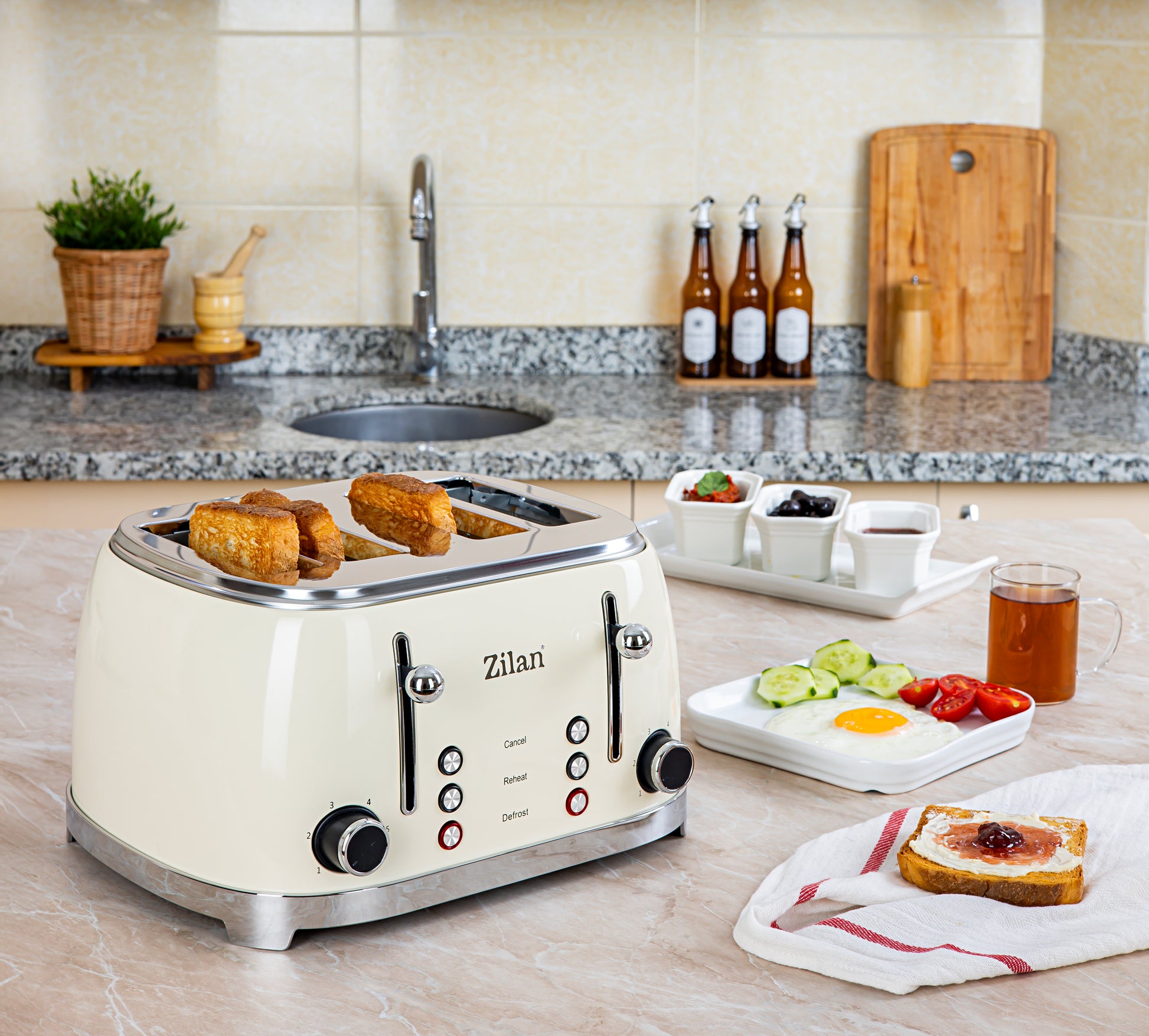 Prajitor de paine Retro Zilan ZLN1214, 4 felii de paine, 1500W, 6 trepte, dezghetare, reincalzire, picioruse antiderapante