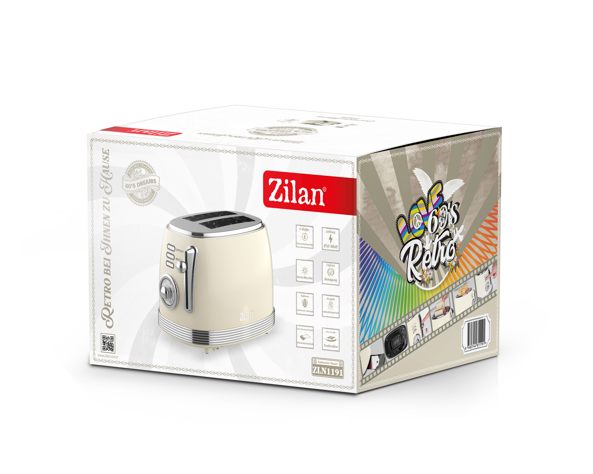 Prajitor de paine Retro Zilan ZLN1191, 2 felii de paine, 850W, 6 trepte de temperatura si timer, dezghetare, reincalzire, picioruse antiderapante