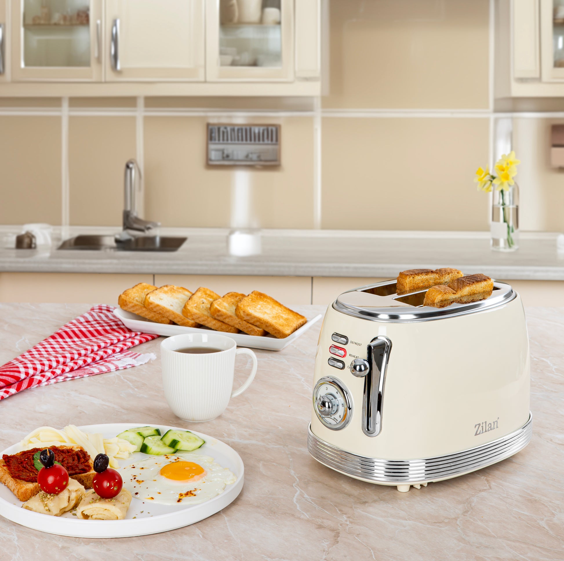 Prajitor de paine Retro Zilan ZLN1191, 2 felii de paine, 850W, 6 trepte de temperatura si timer, dezghetare, reincalzire, picioruse antiderapante