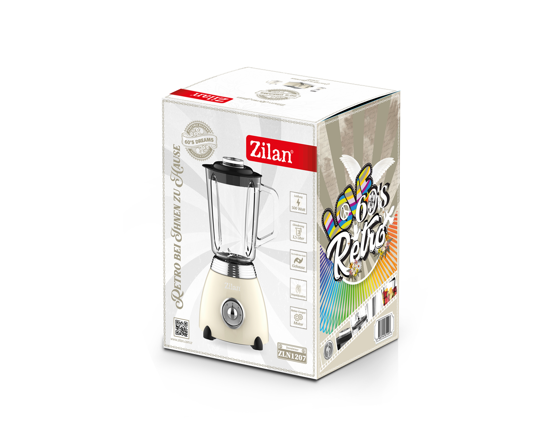 Blender Retro Zilan ZLN1207, putere 500W, capacitate 1.5L, 2 trepte de viteza, functie Pulse, vas din sticla, lame din otel inoxidabil