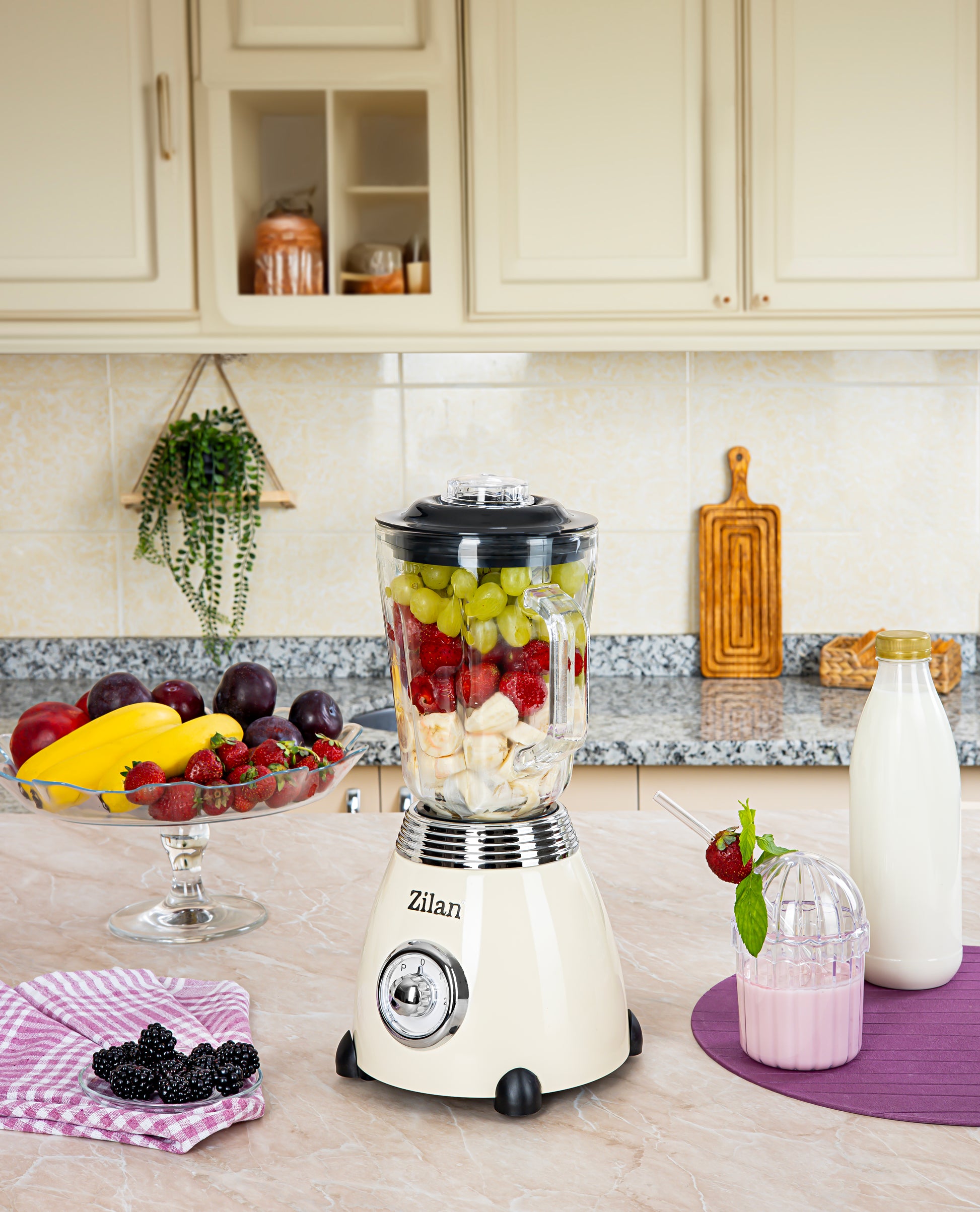 Blender Retro Zilan ZLN1207, putere 500W, capacitate 1.5L, 2 trepte de viteza, functie Pulse, vas din sticla, lame din otel inoxidabil