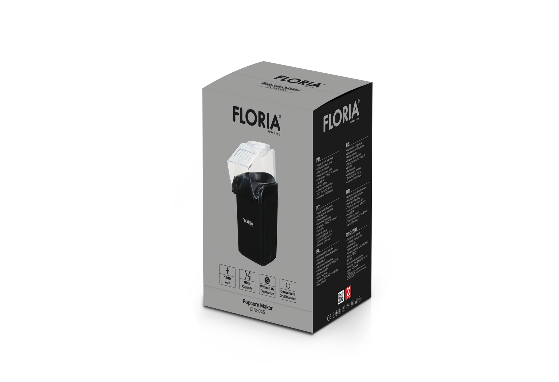 Aparat pentru facut popcorn Floria ZLN9045, BPA FREE, capacitate 60 de grame, 1200W, Negru