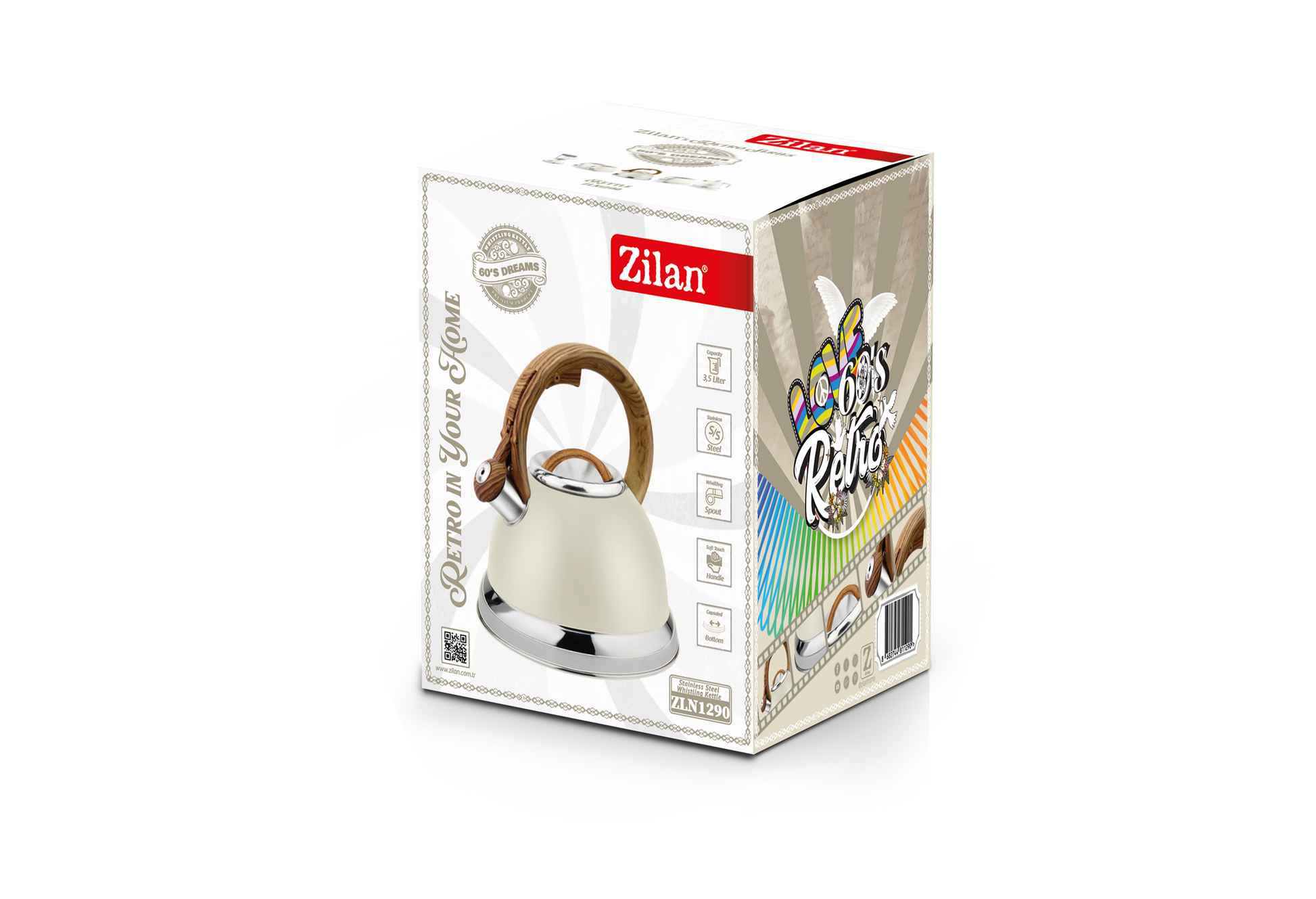 Ceainic Retro din inox cu fluier Zilan ZLN1290, Culoare crem, Compatibil gaz, electric  inductie, Capacitate 3.5L