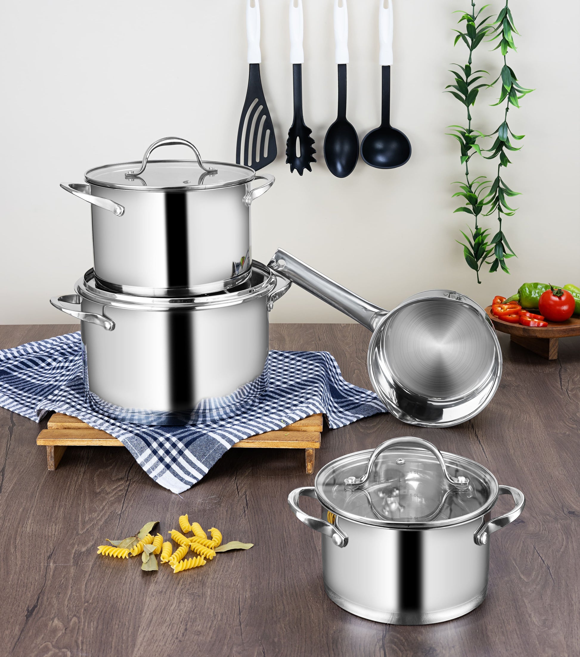 Set vase de gatit din inox Zilan ZLN1344 cu 7 piese, manere nituite, Compatibil gaz, inductie  electric, Compatibil masina de spalat vase