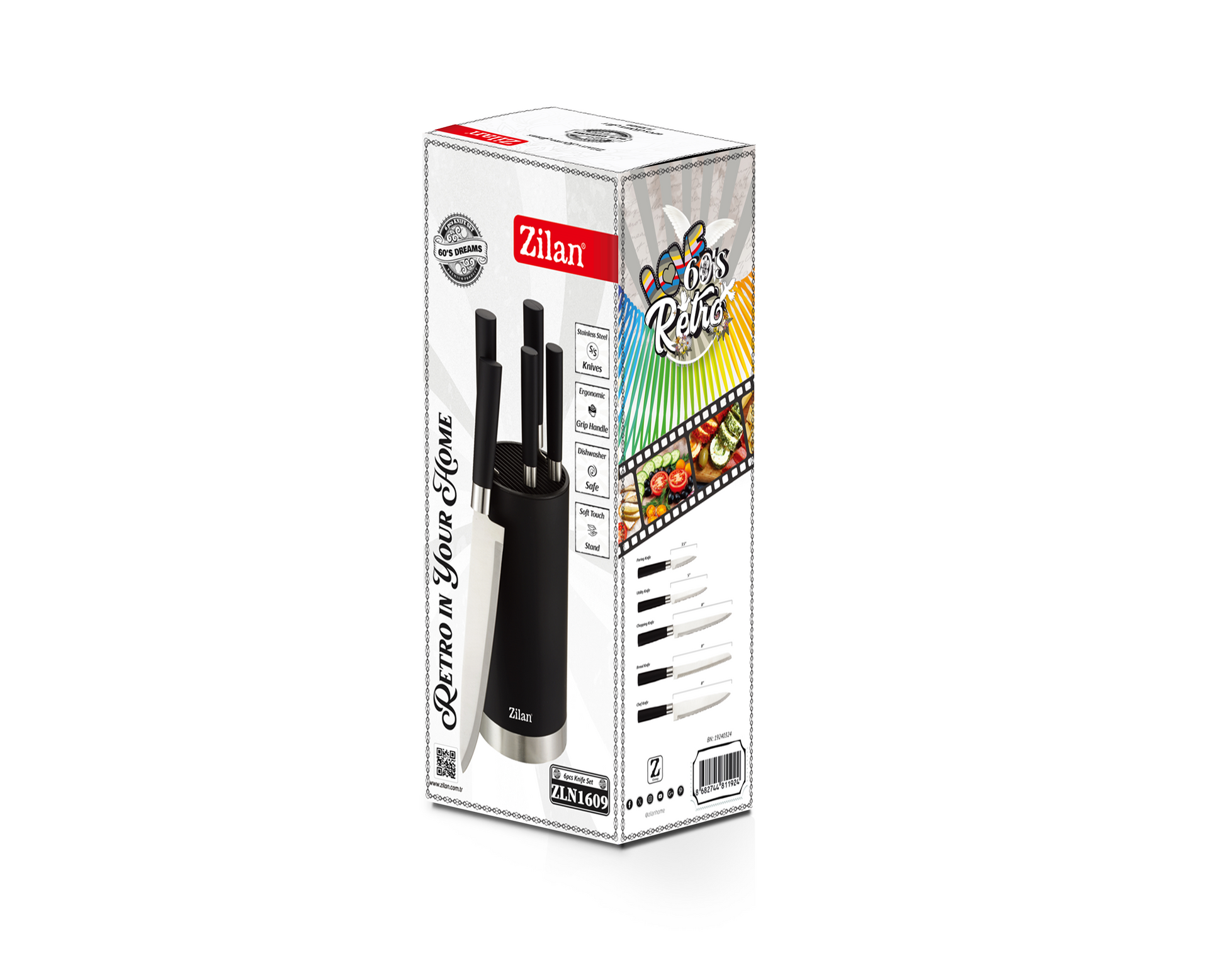 Set cutite 6 piese RETRO Zilan ZLN1609, Suport inclus, Otel inoxidabil 3CR13, Compatibil masina de spalat vase, Negru