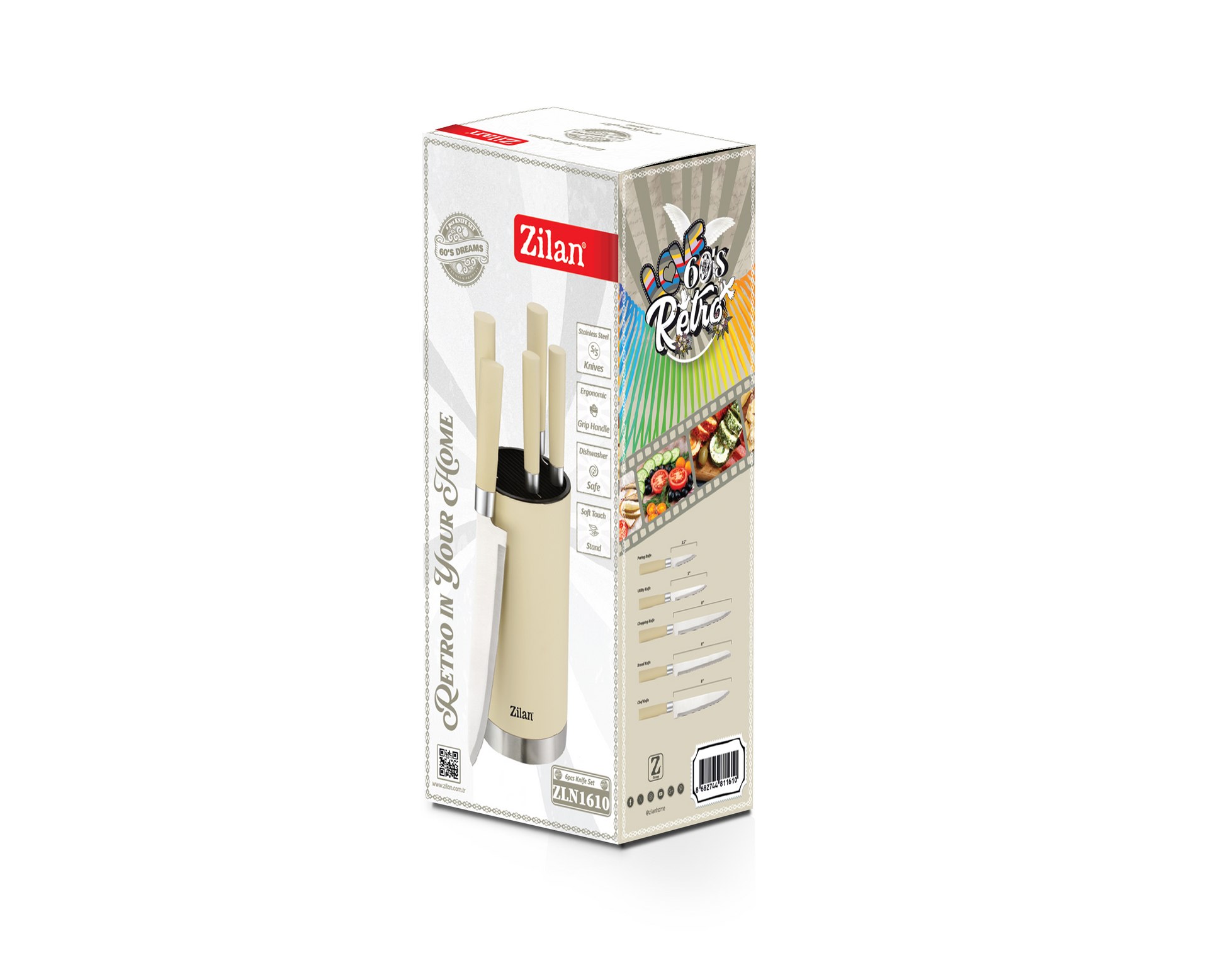 Set cutite 6 piese RETRO Zilan ZLN1610, Suport inclus, Otel inoxidabil 3CR13, Compatibil masina de spalat vase, Crem