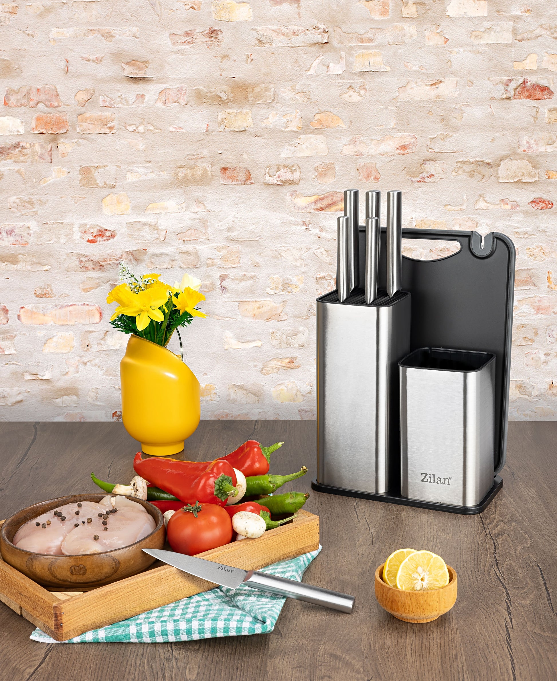 Set cutite 7 piese Zilan ZLN1627, Suport inclus, Otel inoxidabil 3CR13, Compatibil masina de spalat vase