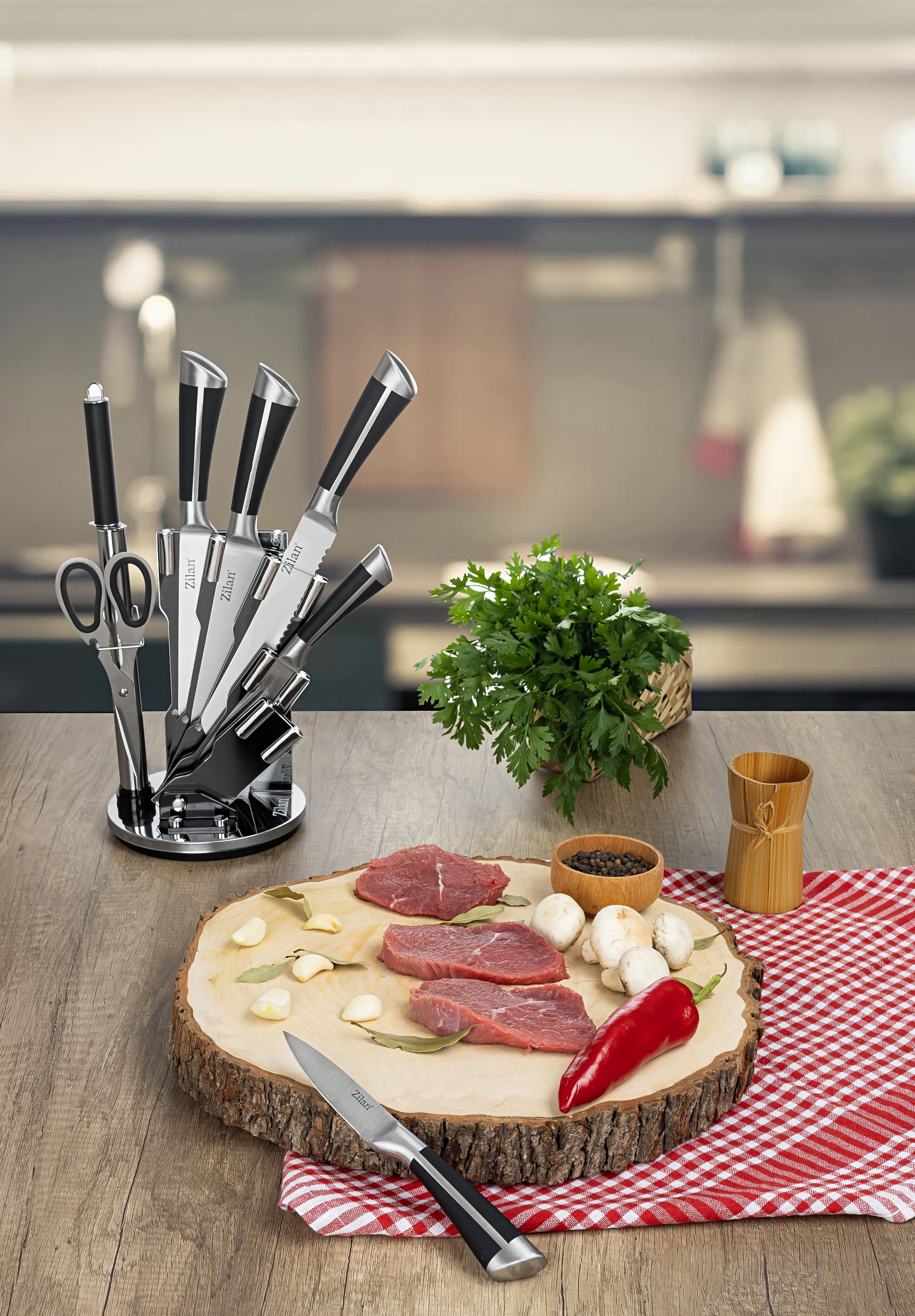 Set cutite 8 piese Zilan ZLN1634, Suport inclus, Otel inoxidabil 3CR13, Compatibil masina de spalat vase