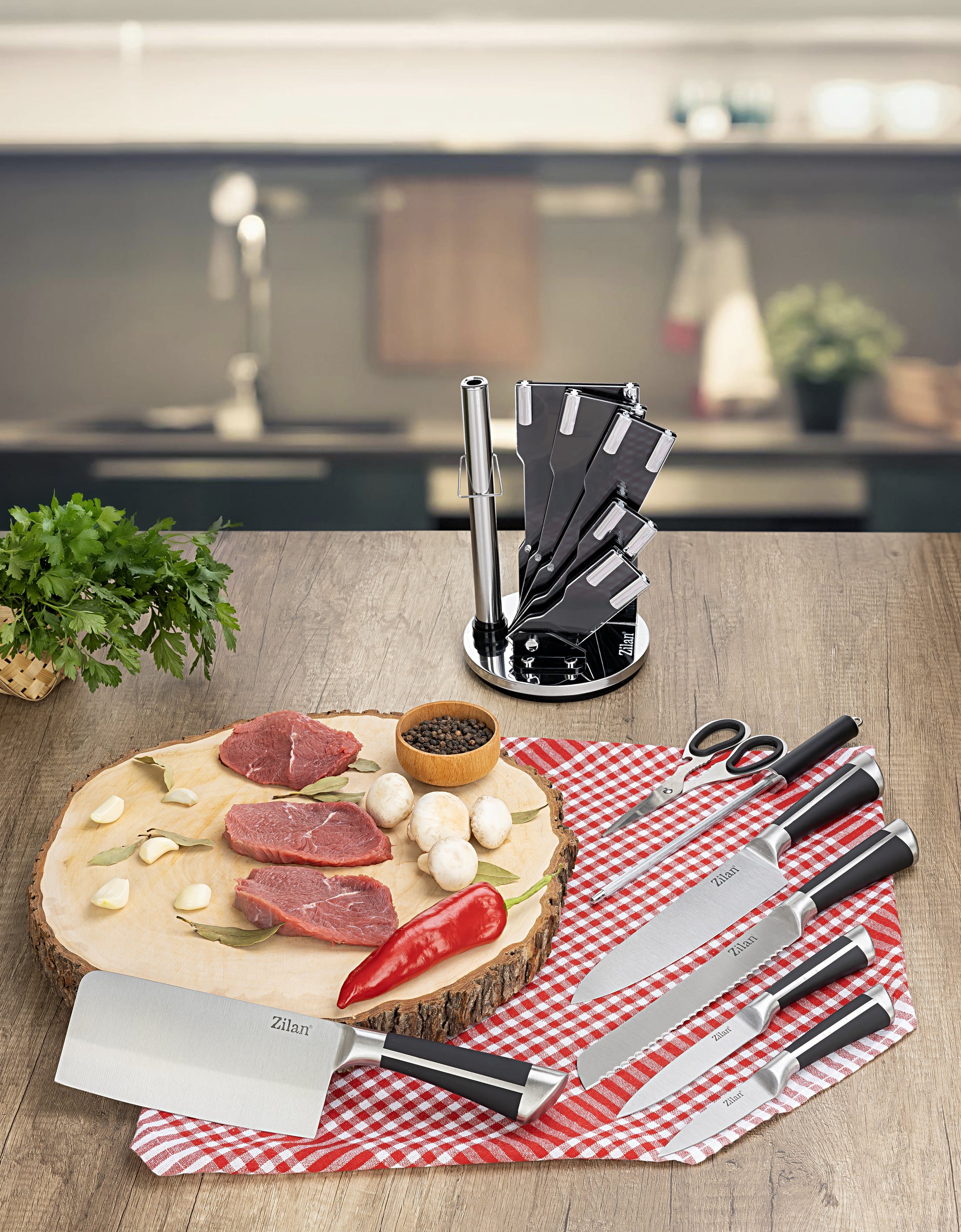 Set cutite 8 piese Zilan ZLN1634, Suport inclus, Otel inoxidabil 3CR13, Compatibil masina de spalat vase