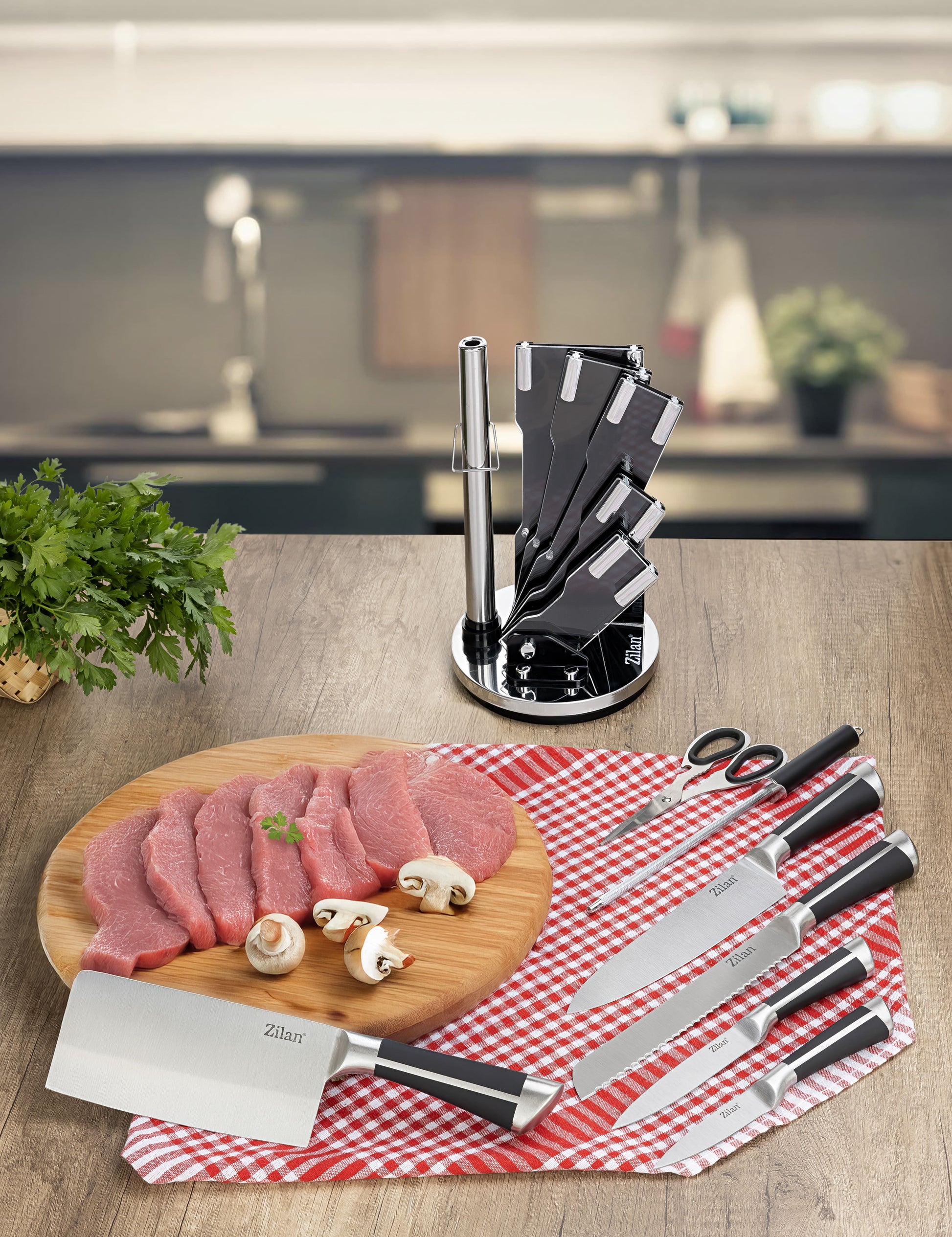 Set cutite 8 piese Zilan ZLN1634, Suport inclus, Otel inoxidabil 3CR13, Compatibil masina de spalat vase