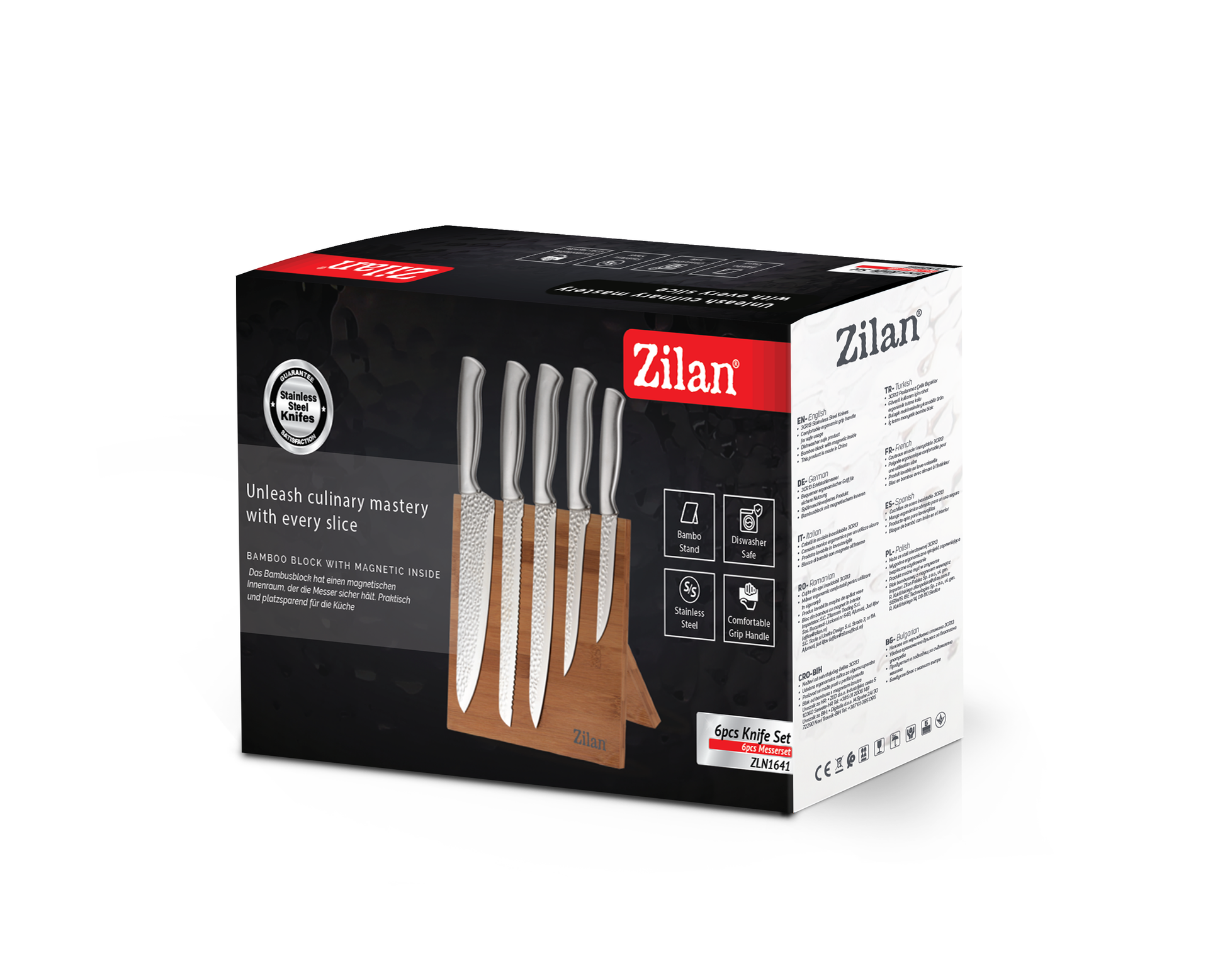 Set cutite 6 piese Zilan ZLN1641, Suport inclus din bambus, Cutite din otel inoxidabil 3CR13, Compatibil masina de spalat vase
