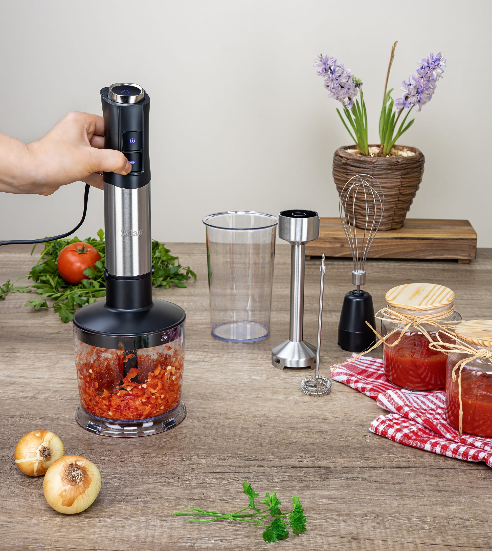 Mixer vertical 5 in 1 Zilan ZLN3939, Putere 1200W, 12 trepte de viteza, Functie Turbo, Afisaj digital, Inox