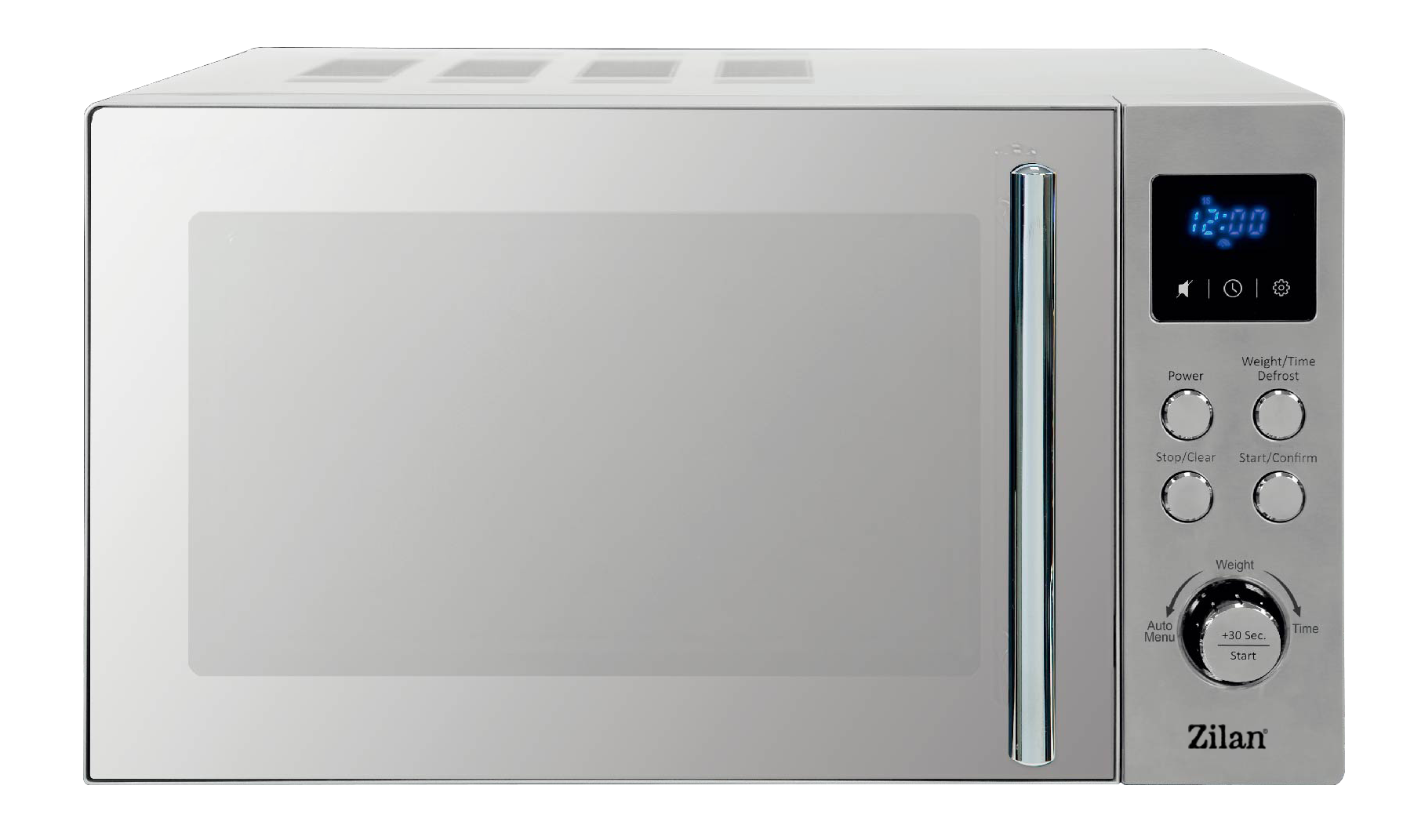 Cuptor cu microunde digital Zilan ZLN1238, Putere 700W, Capacitate 20L, Functie de dezghetare, Panou din inox, Afisaj digital