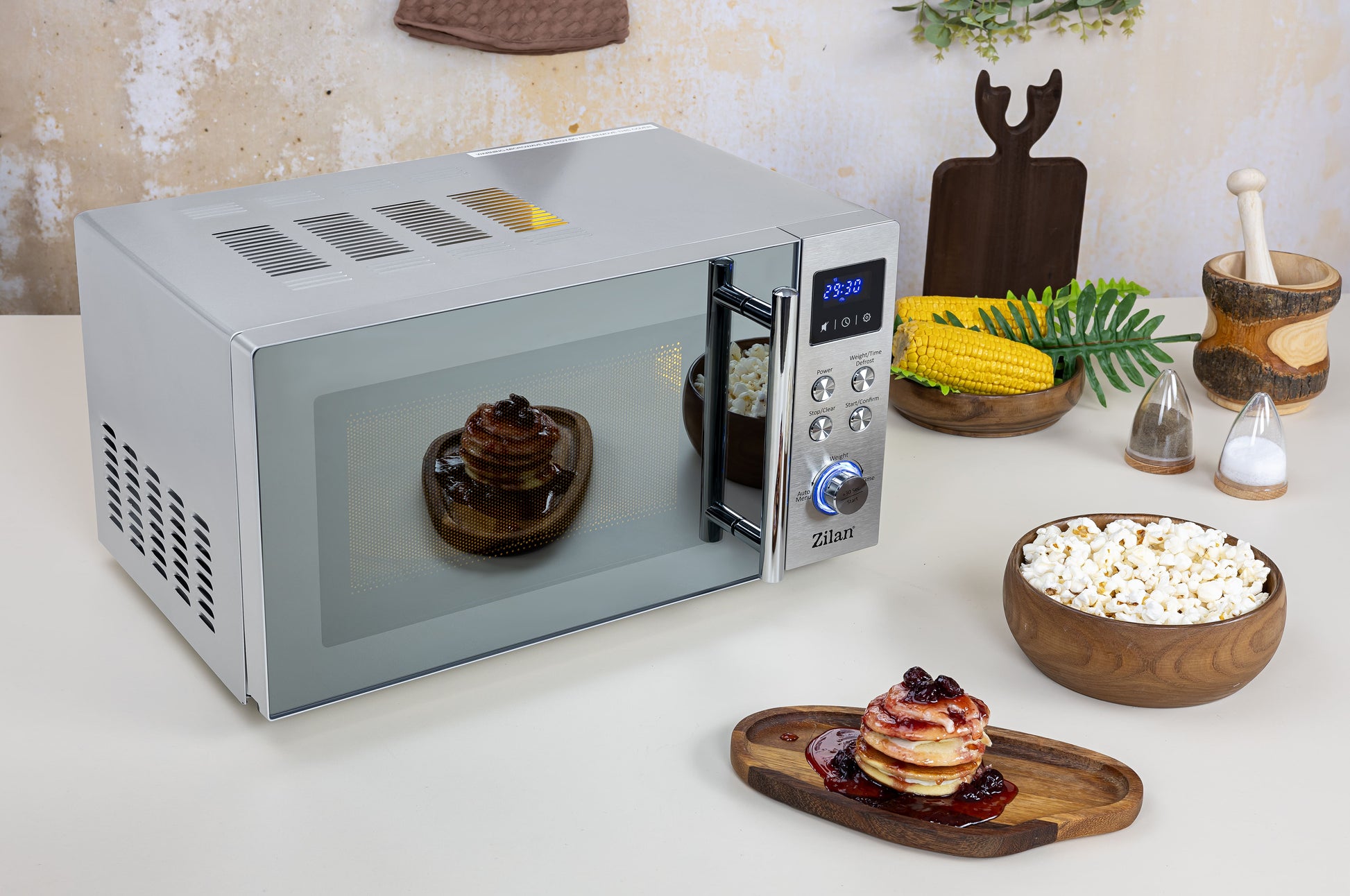 Cuptor cu microunde digital Zilan ZLN1238, Putere 700W, Capacitate 20L, Functie de dezghetare, Panou din inox, Afisaj digital