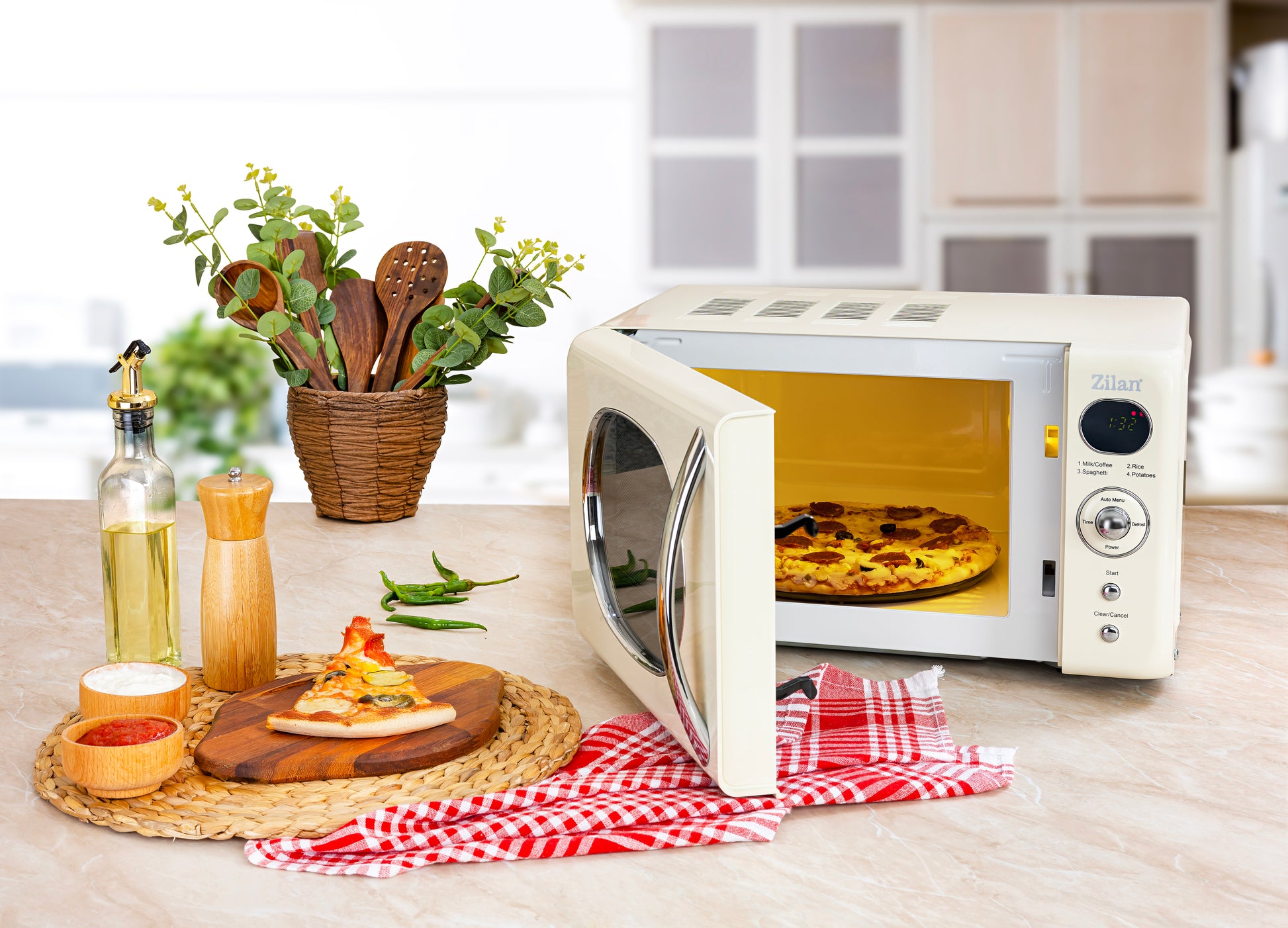 Cuptor cu microunde Zilan ZLN1245 RETRO, Putere 700W, Capacitate 20L, Functie de dezghetare, Afisaj digital, Temporizator