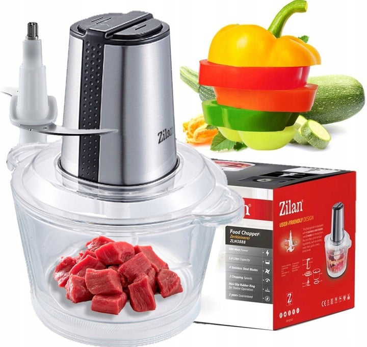 Tocator legume-fructe ZILAN ZLN-3888, Putere 300W, Vas din sticla 1.6L, 4 lame inox, 2 trepte de viteza