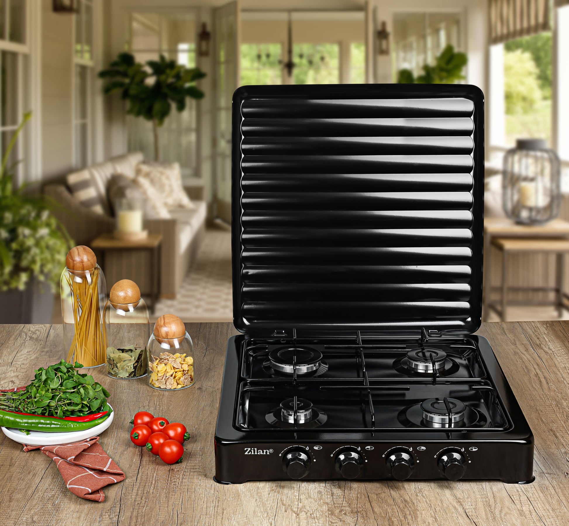 Aragaz GPL 4 arzatoare ZILAN ZLN7079 - 2,3 kW Putere maxima, otel emailat negru