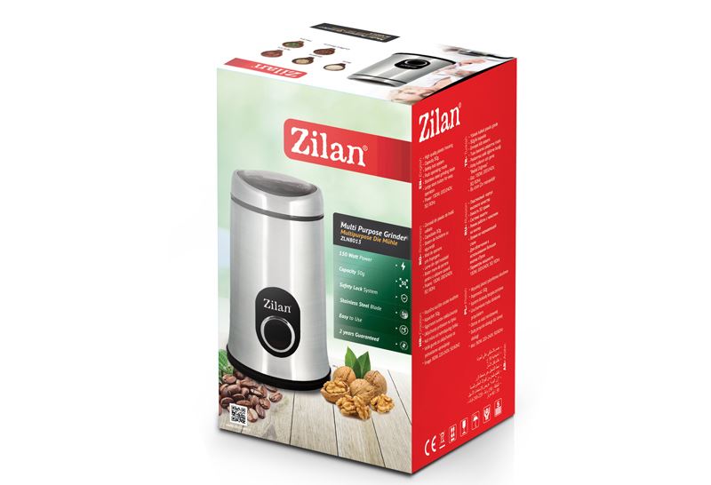 Rasnita cafea electrica, Zilan ZLN-8013,Argintiu /Negru 150 W, inox, cutite macinare otel inoxidabil