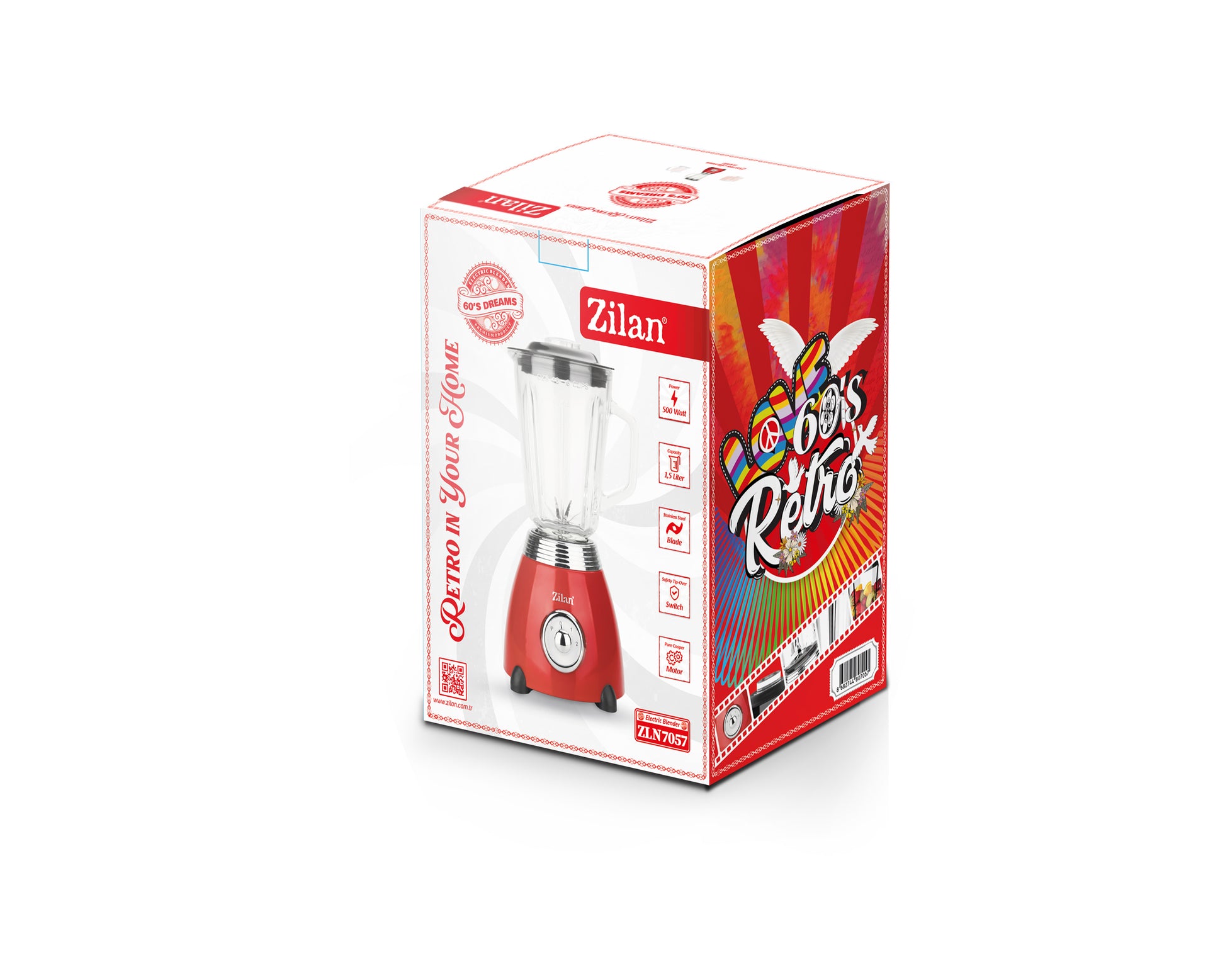 Blender RETRO Zilan ZLN7057 Rosu, capacitate 1.5 L, putere 500W, lame din otel