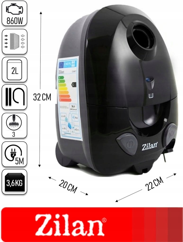 Aspirator cu sac ZILAN ZLN-8471,Negru Capacitate sac textil 2.0 l, Putere 1200W, Cordon electric retractabil 5 m