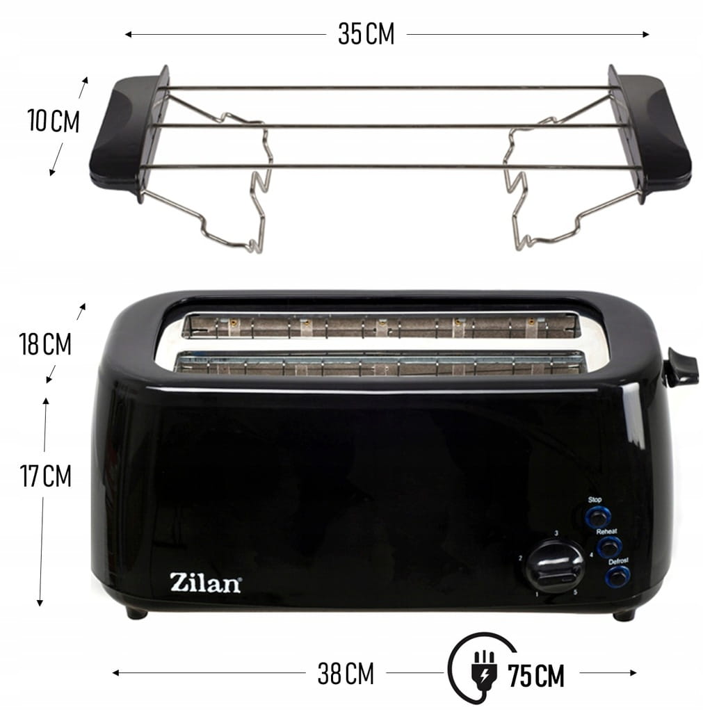 Prajitor paine dublu Zilan ZLN-2713, Negru, 1400W, 5 grade rumenire si functii multiple