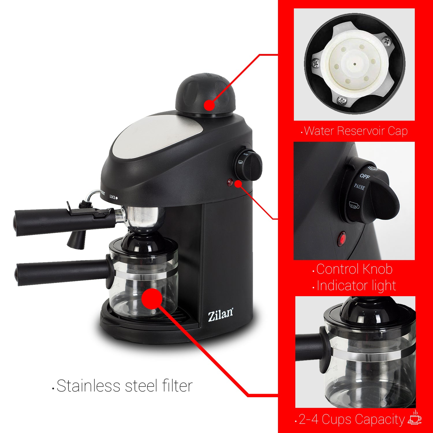 Espressor manual ZILAN ZLN-3154, Negru Dispozitiv spumare, Sistem cappuccino, Putere 800W,