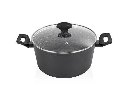 Oala cu capac sticla Zilan ZLN-3321, Diametru 24 cm, Inaltime 12 cm, Material aluminiu, Interior granit, Compatibil inductie