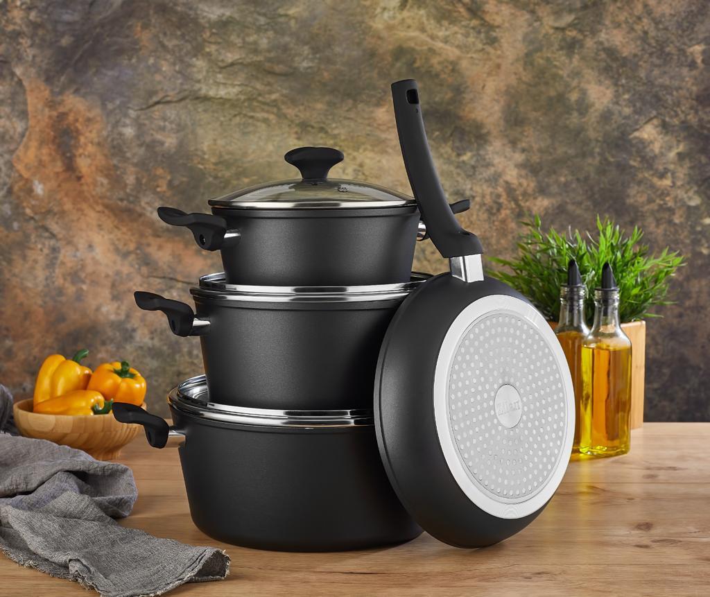 Set oale aluminiu 7 piese Zilan ZLN-3277, Strat interior neaderent, Manere ebonita, Capace sticla termorezistenta