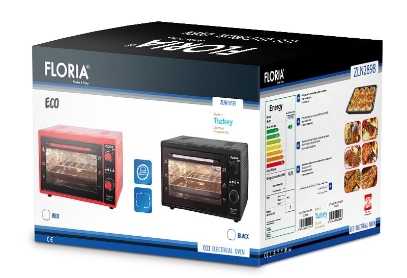Cuptor electric Floria-2898,ROSU capacitate 38 Litri, Putere 1500W, Gratar, Tava inclusa